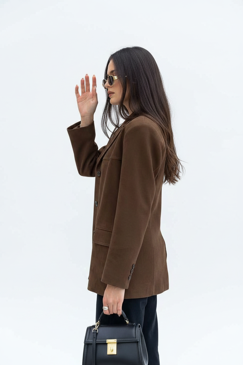 Elegant Brown Tailored Blazer with Padded Shoulders and Slim Fit by Jamota Blouses Women's Blazers