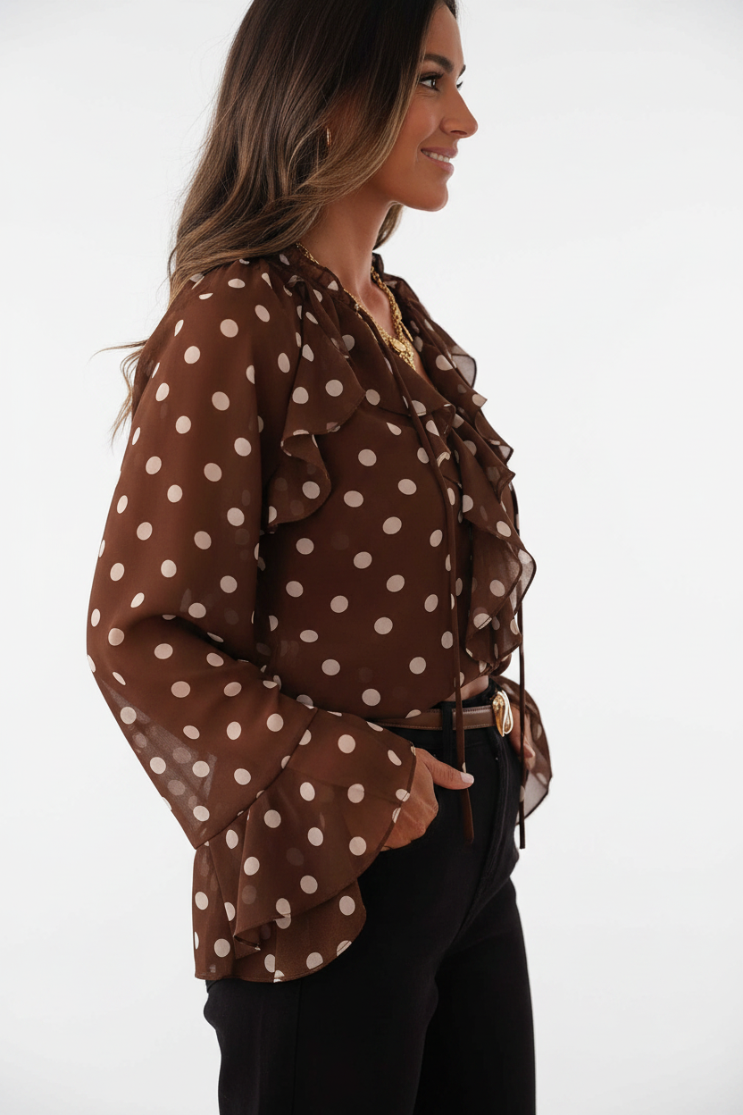 Elegant Vintage Polka Dot Blouse with Soft Fabric and Button Detail by Jamota Blouses Blouses