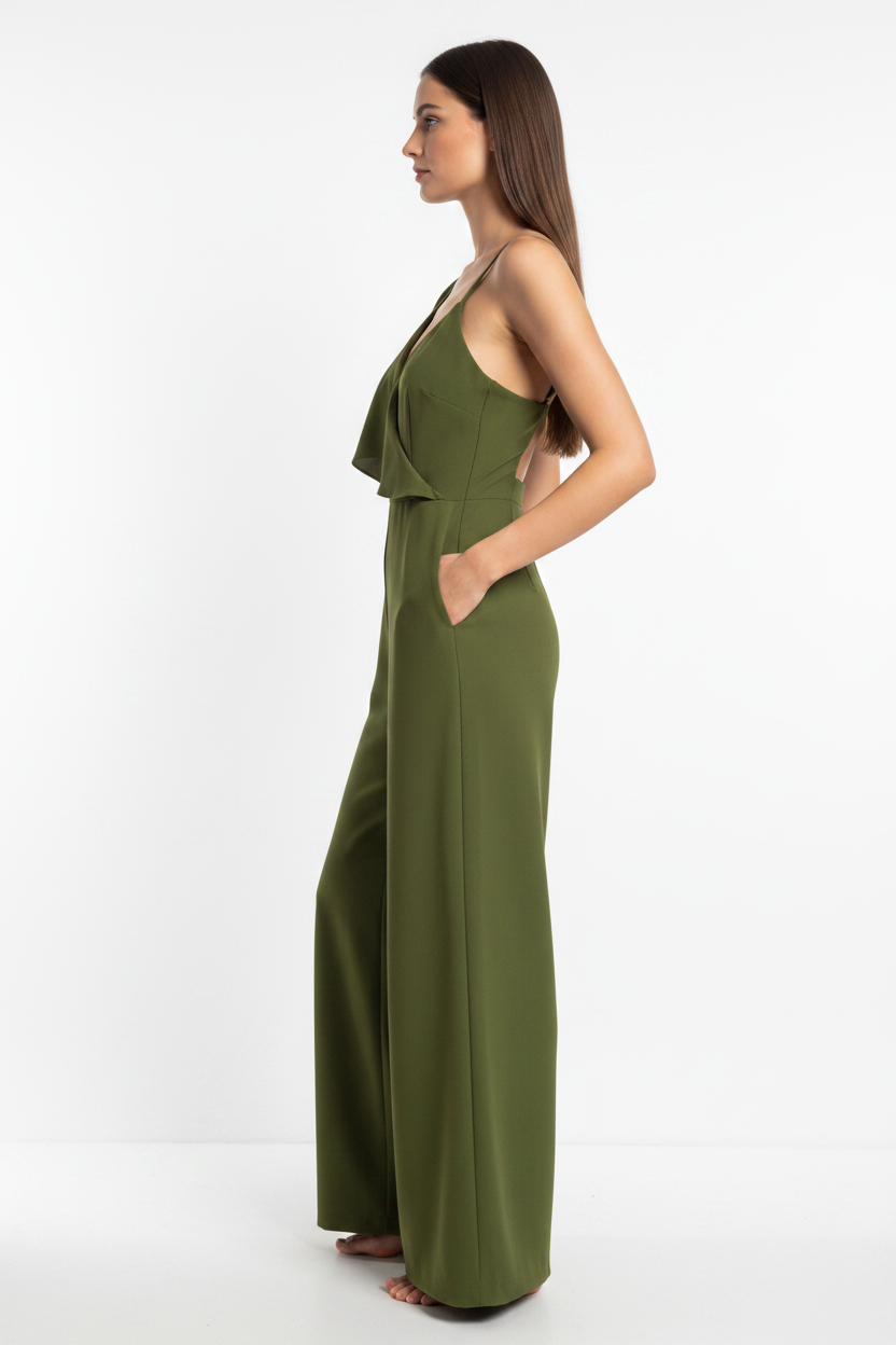 Backless Wide-Leg Jumpsuit with Ruffle Tie Panel - Jamota
