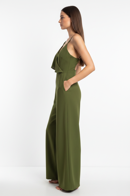 Backless Wide-Leg Jumpsuit with Ruffle Tie Panel - Jamota