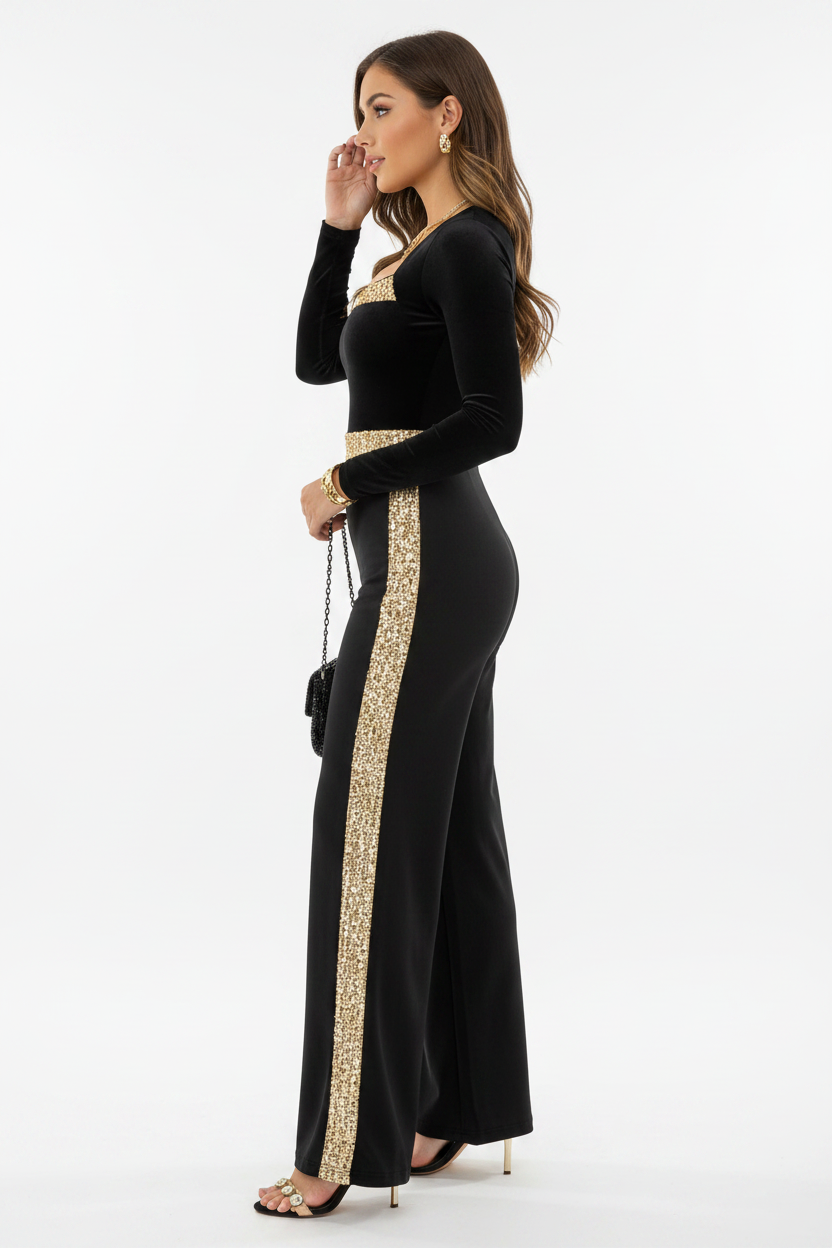 Elegant Gold Sequin Jumpsuit with Flattering Fit and Adjustable Straps by Jamota One-Pieces Jumpsuits