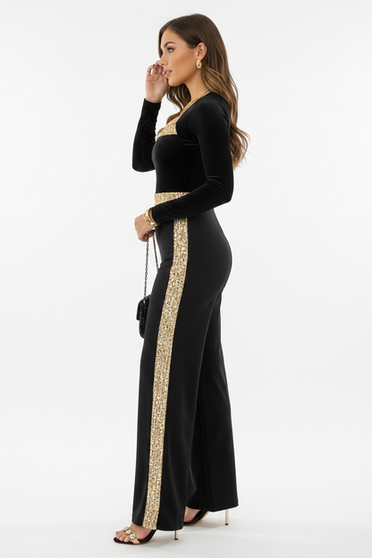 Elegant Gold Sequin Jumpsuit with Flattering Fit and Adjustable Straps by Jamota One-Pieces Jumpsuits