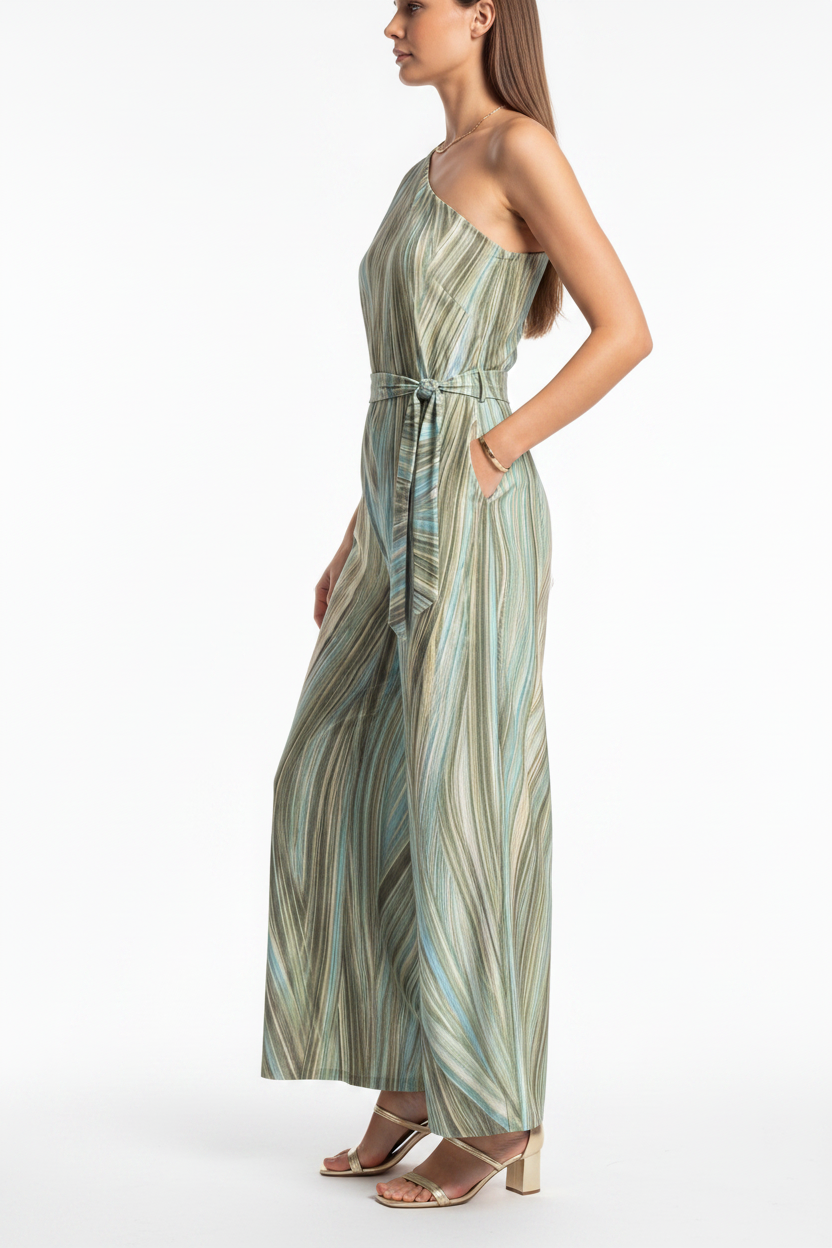 Elegant Abstract Print Wide Leg Jumpsuit with Pockets and Belted Waist - Jamota