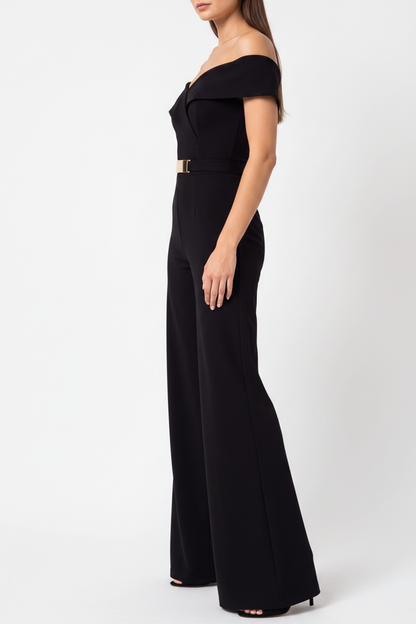 Elegant Black Off-Shoulder Wide-Leg Jumpsuit with Belt - Jamota