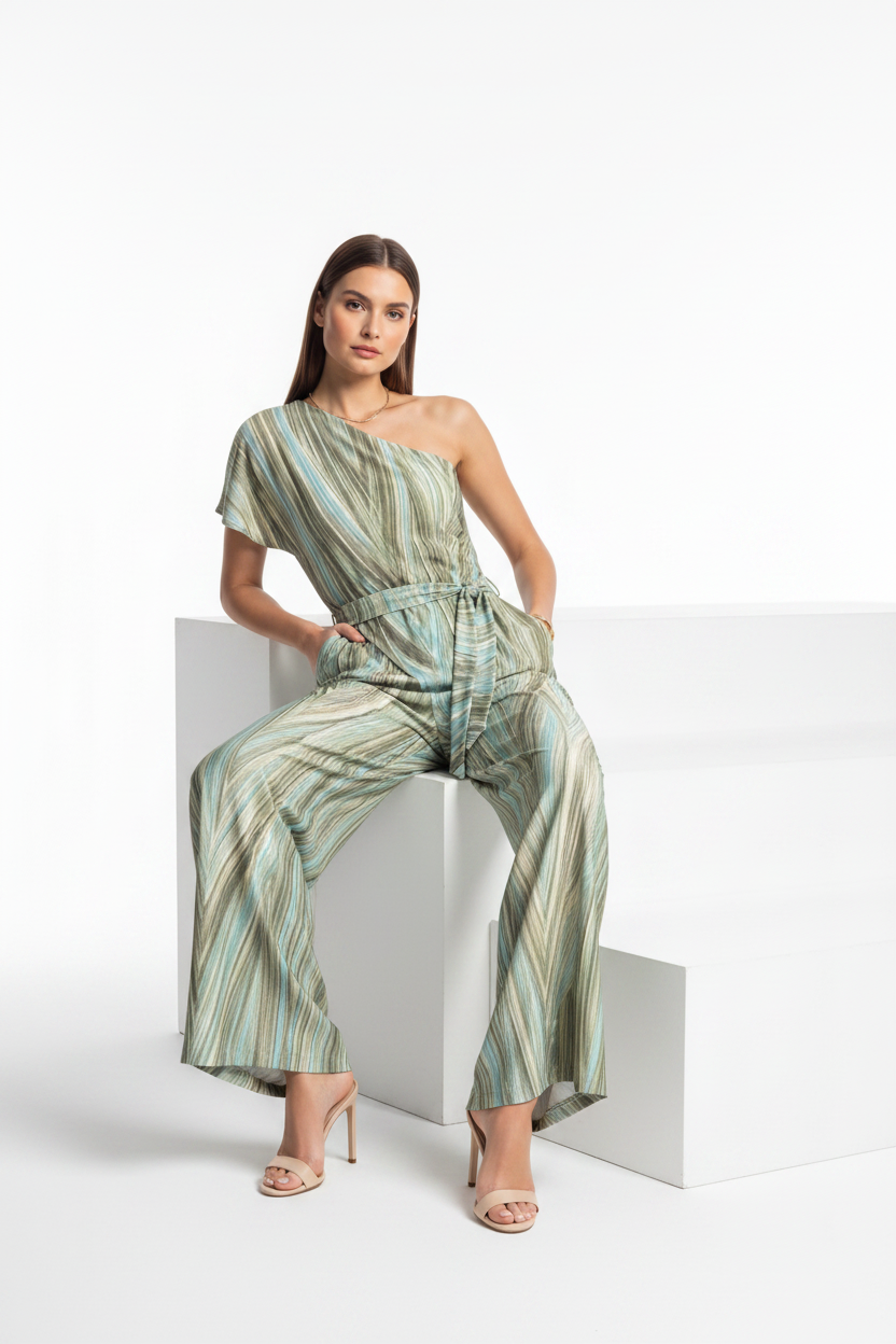 Elegant Abstract Print Wide Leg Jumpsuit with Pockets and Belted Waist - Jamota