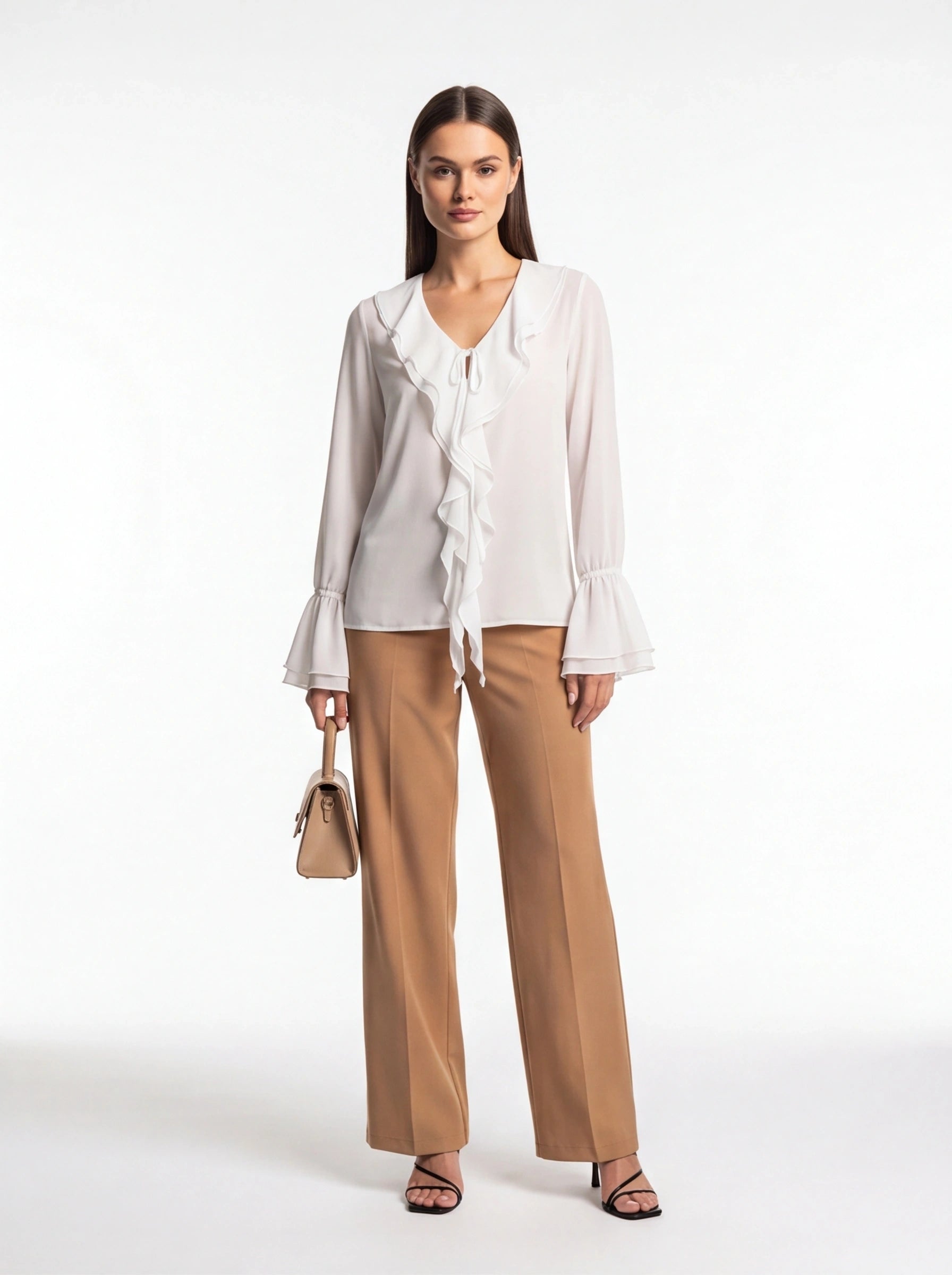 Ruffled Chiffon Blouse with Bell Sleeves and Tie Front - Jamota
