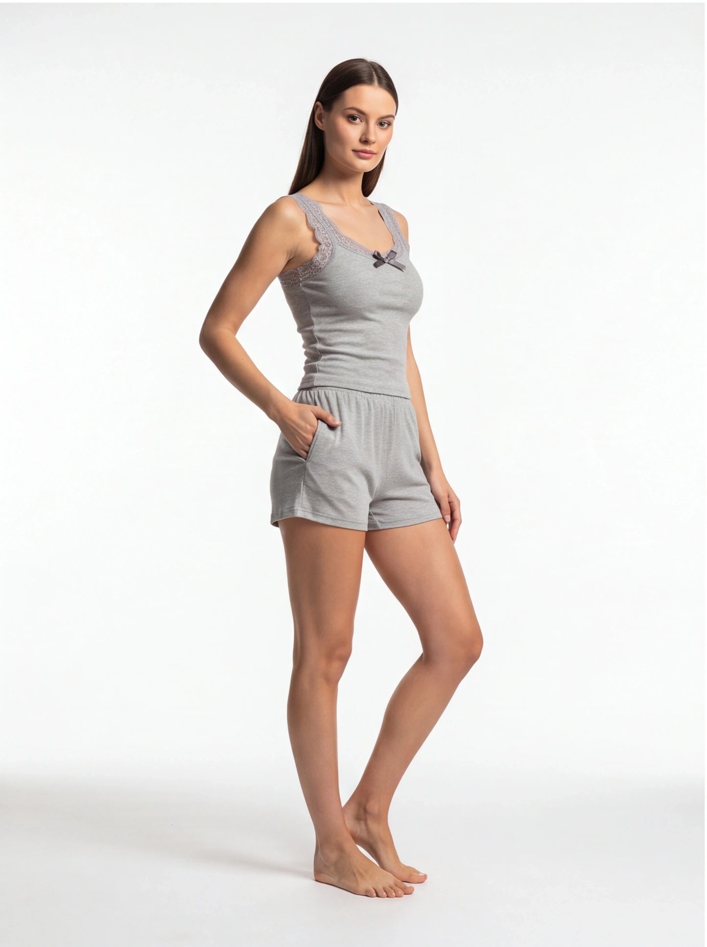 Casual Ribbed Pajama Set with Built-In Bra and Soft Comfort Shorts