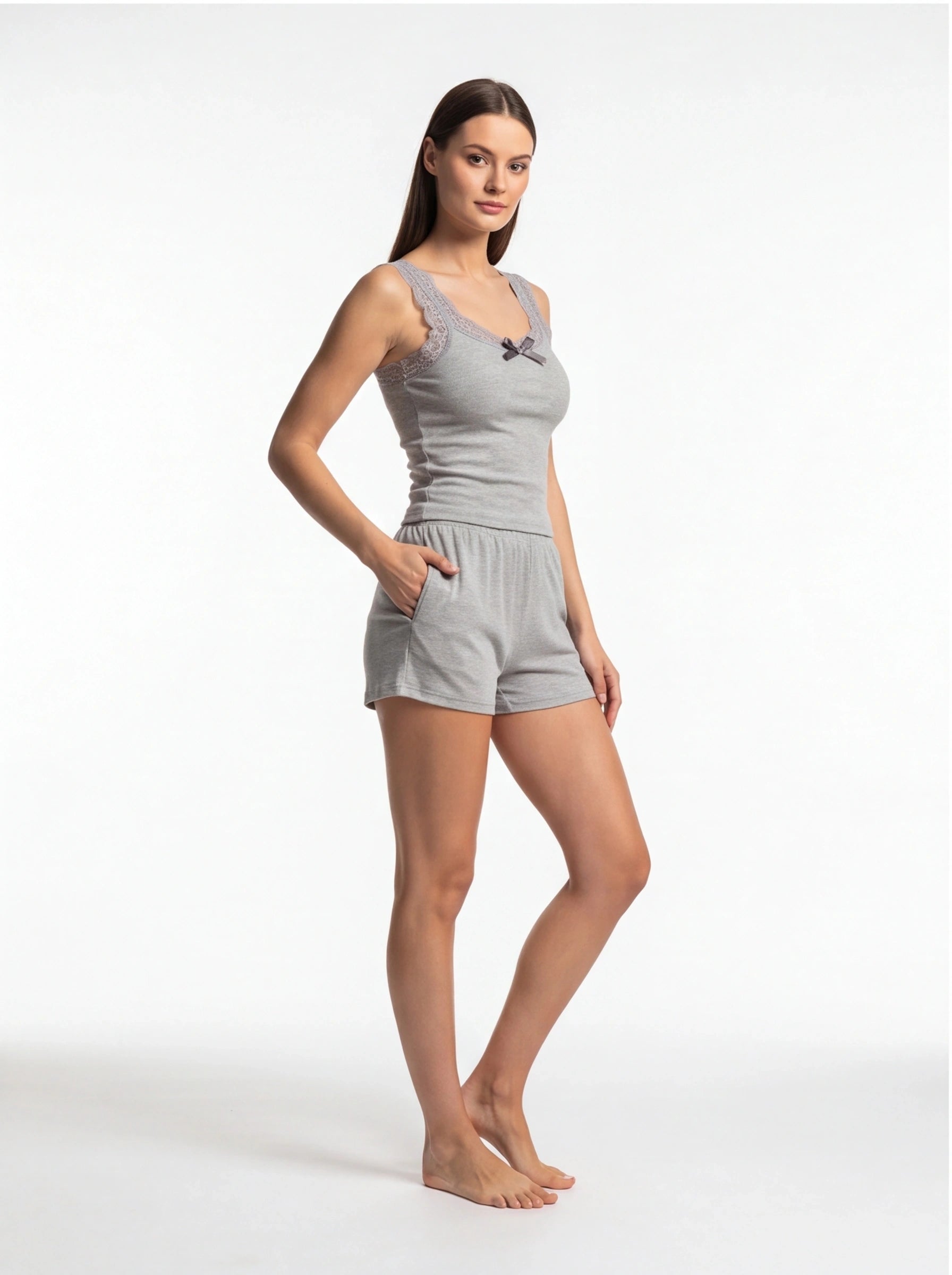 Casual Ribbed Pajama Set with Built-In Bra and Soft Comfort Shorts