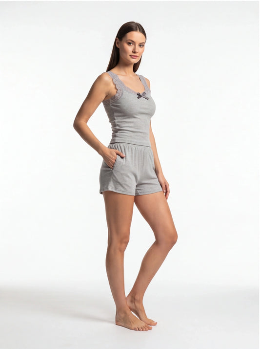 Casual Ribbed Pajama Set with Built-In Bra and Soft Comfort Shorts - Jamota