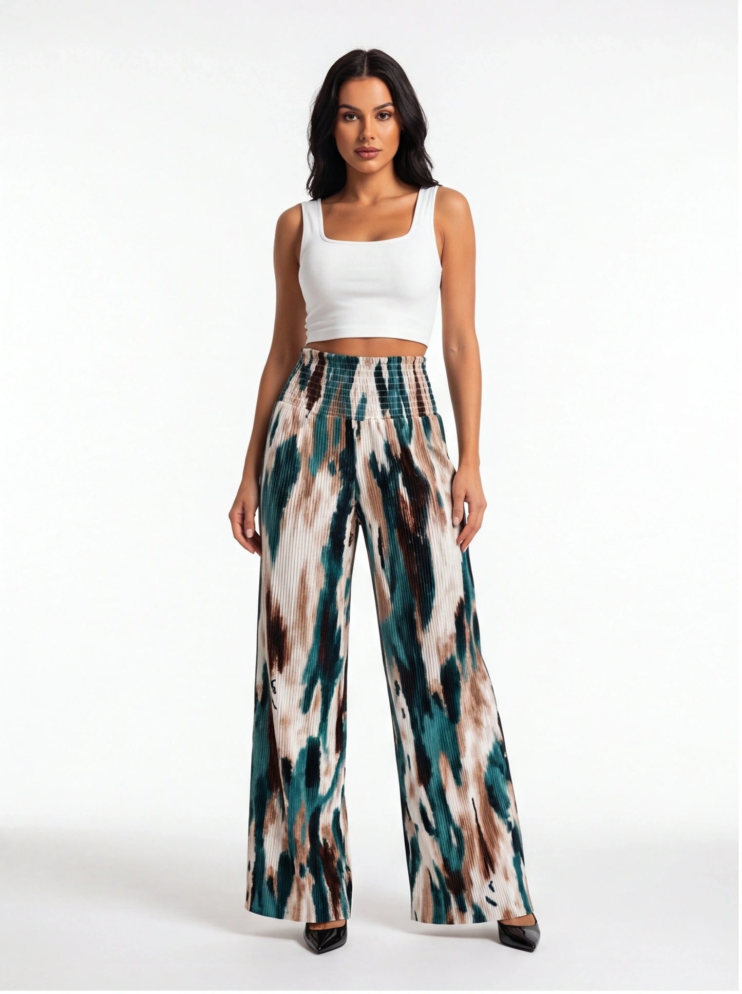 Tie Dye Pleated Wide Leg Pants with High Waist and Elastic Waistband