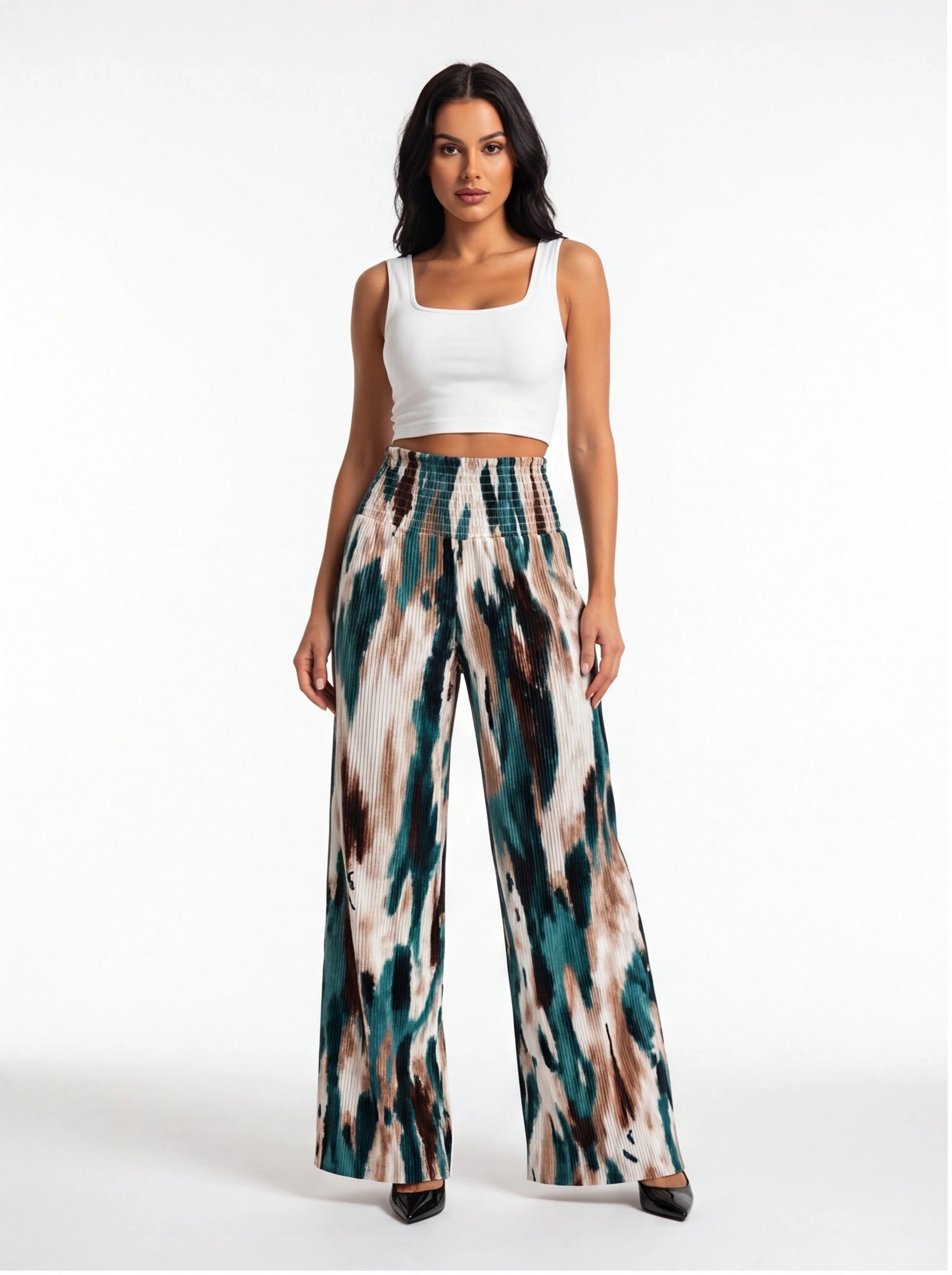 Tie Dye Pleated Wide Leg Pants with High Waist and Elastic Waistband