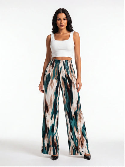 Tie Dye Pleated Wide Leg Pants with High Waist and Elastic Waistband
