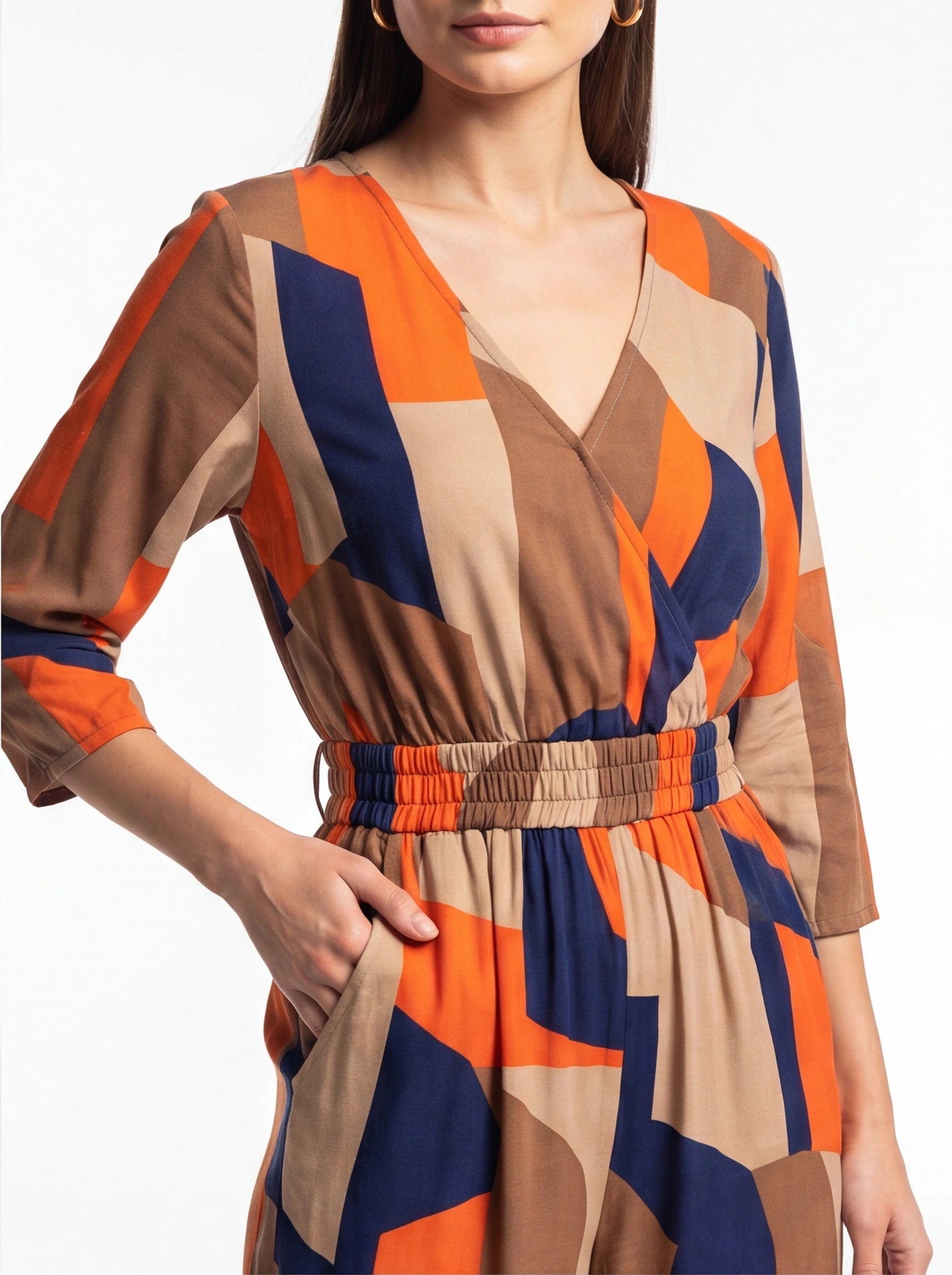 Chic Colorblock Geometric Jumpsuit with Belted Waist and Pockets by Jamota One-Pieces Jumpsuits & Rompers