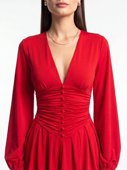 Stylish Flowy A-Line Party Dress with Elegant Sleeves & Pockets - Jamota