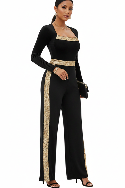Elegant Gold Sequin Jumpsuit with Flattering Fit and Adjustable Straps by Jamota One-Pieces Jumpsuits