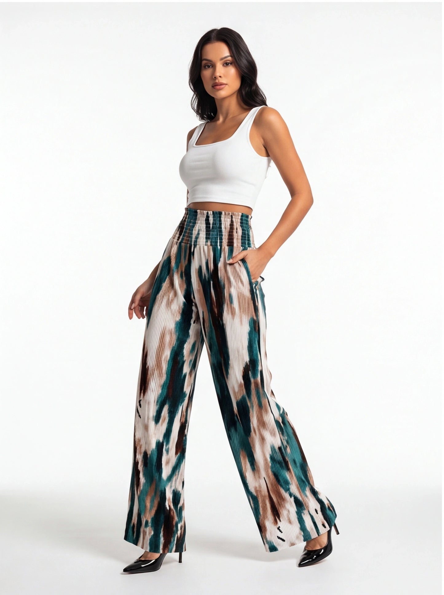 Tie Dye Pleated Wide Leg Pants with High Waist and Elastic Waistband