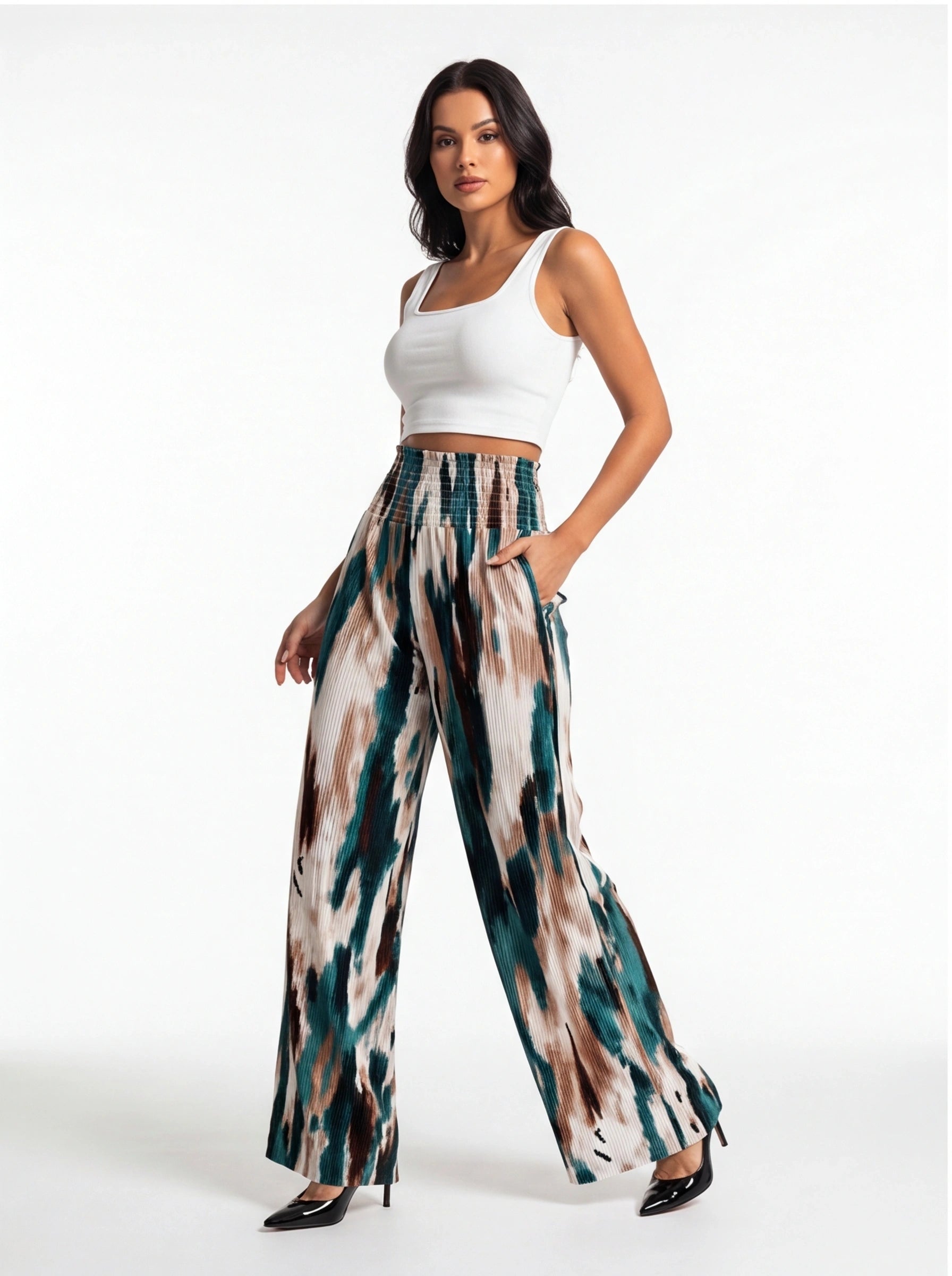 Tie Dye Pleated Wide Leg Pants with High Waist and Elastic Waistband