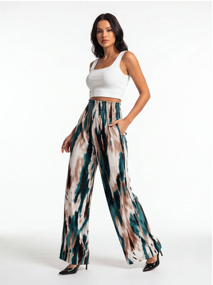 Tie Dye Pleated Wide Leg Pants with High Waist and Elastic Waistband