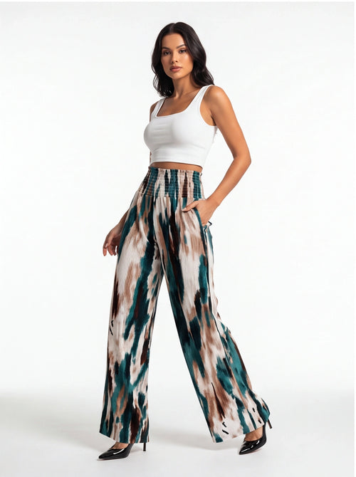 Tie Dye Pleated Wide Leg Pants with High Waist and Elastic Waistband