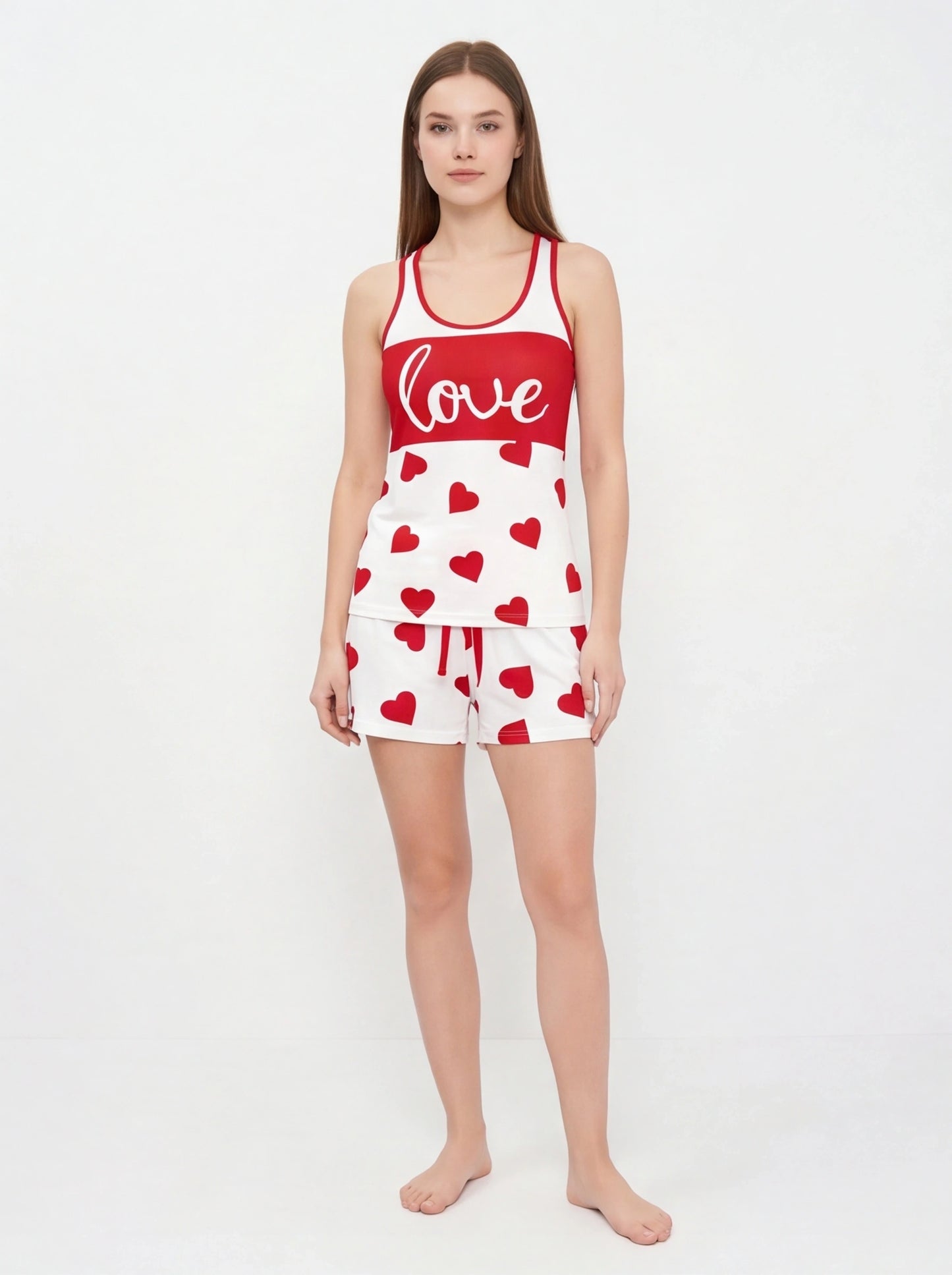 Cozy Heart Print Pajama Set by Jamota in red and white; soft fabric, sleeveless top and shorts with drawstring waist.