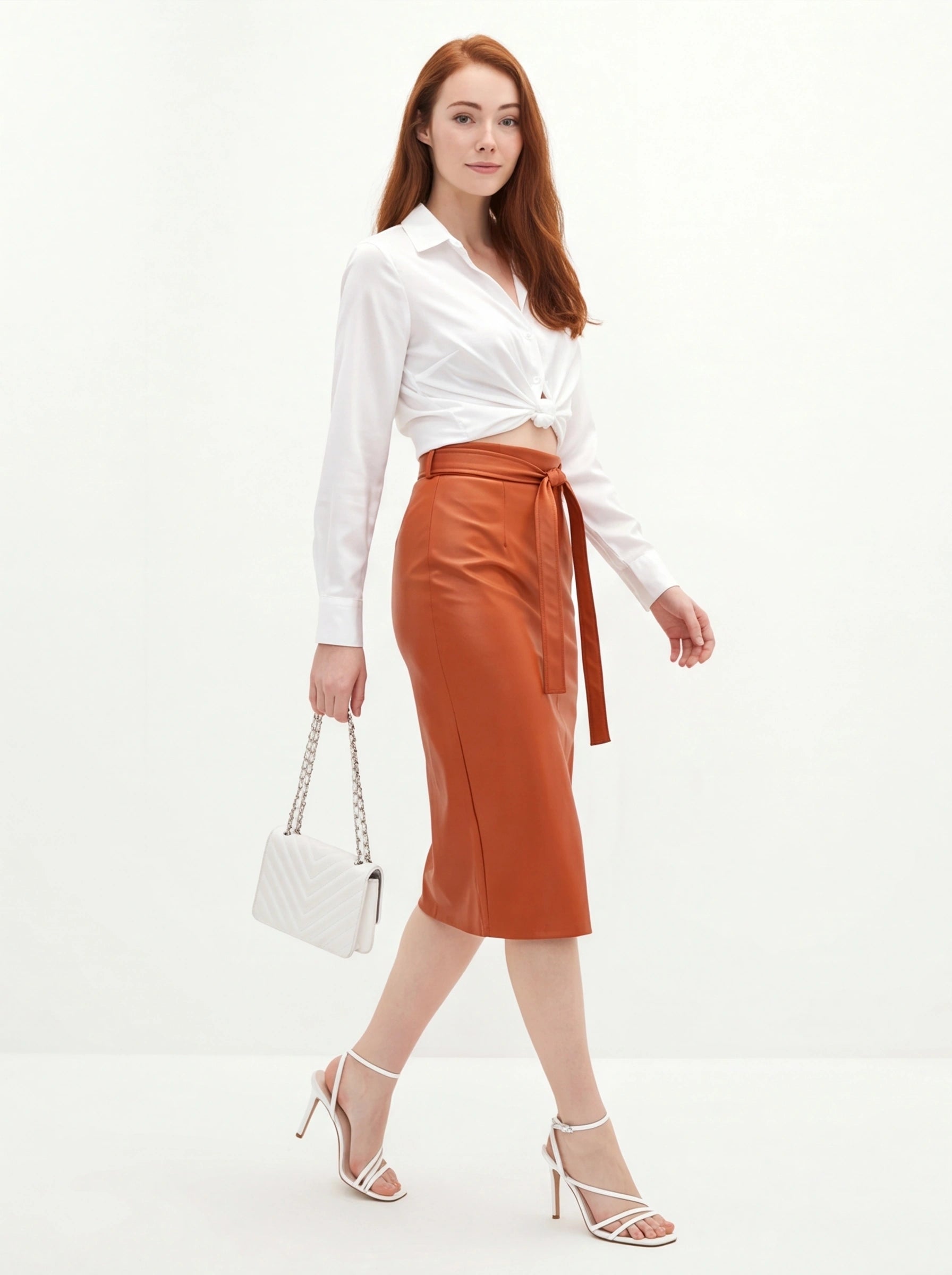 Brown Midi Skirt Sleek Pencil Silhouette High Waisted Everyday Work Texture PU Leather - Jamota