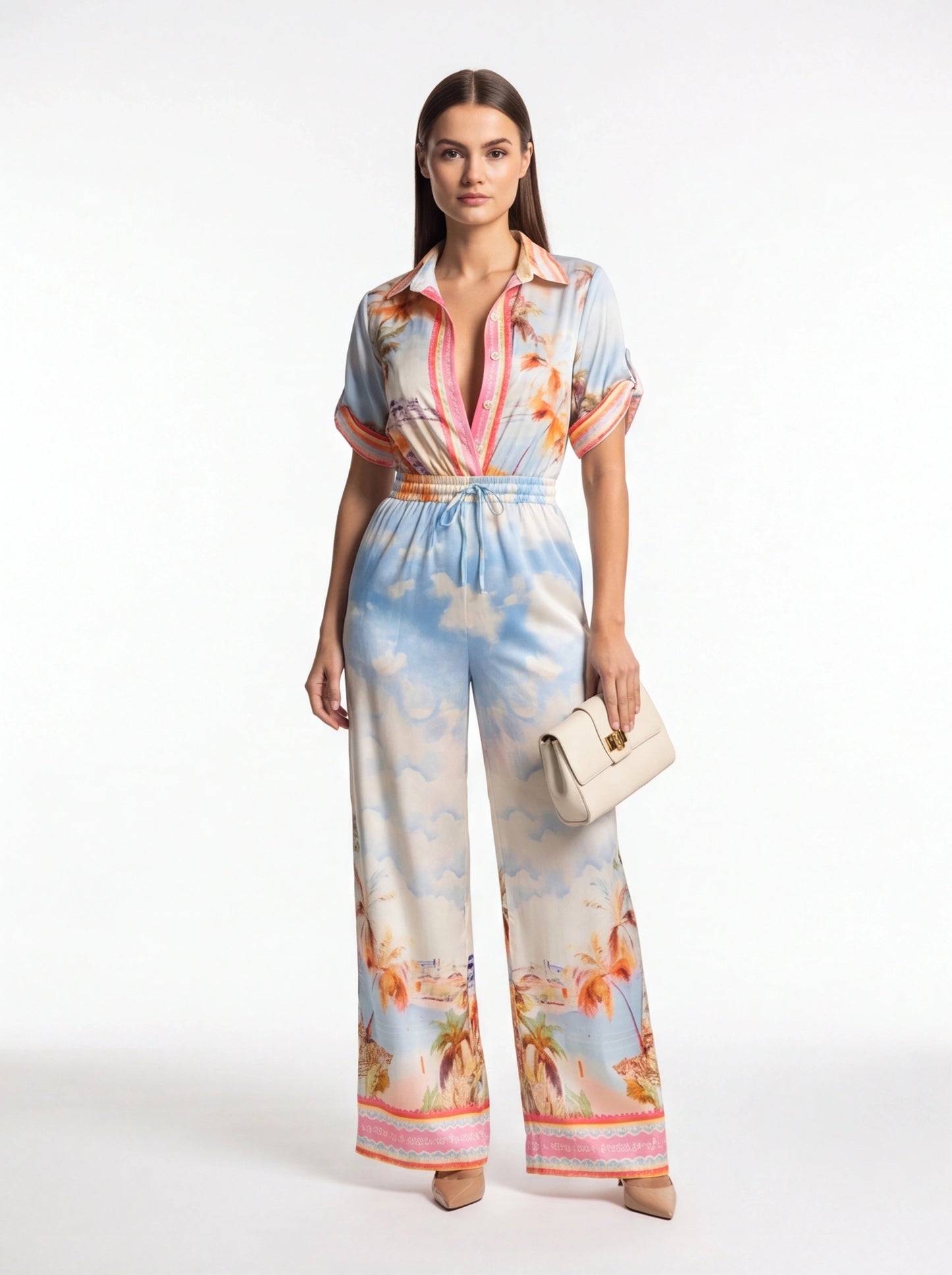 Jamota tropical print jumpsuit with light blue palm motif, pink placket, rolled sleeves and elastic drawstring waist.