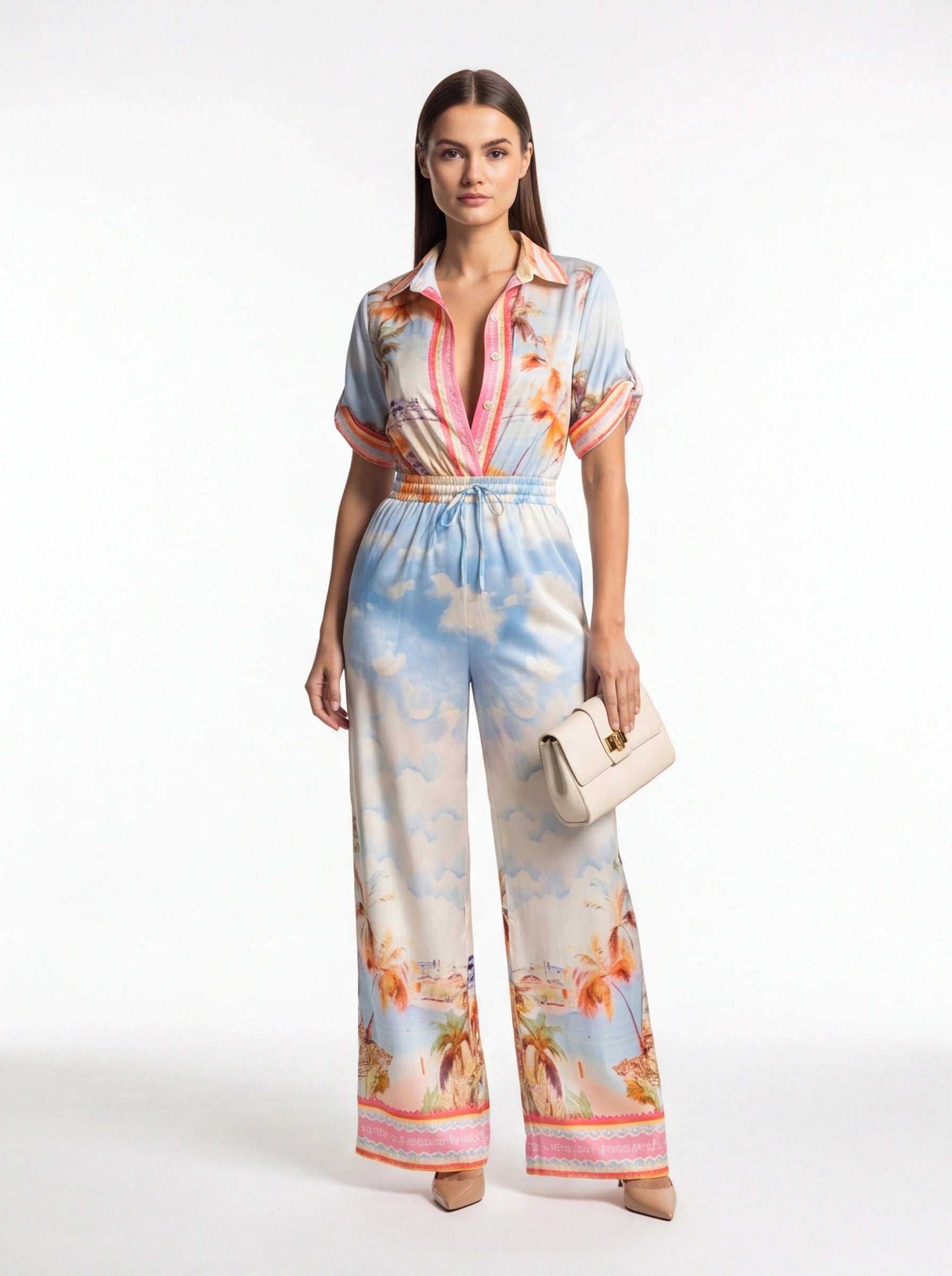 Jamota tropical print jumpsuit with light blue palm motif, pink placket, rolled sleeves and elastic drawstring waist.