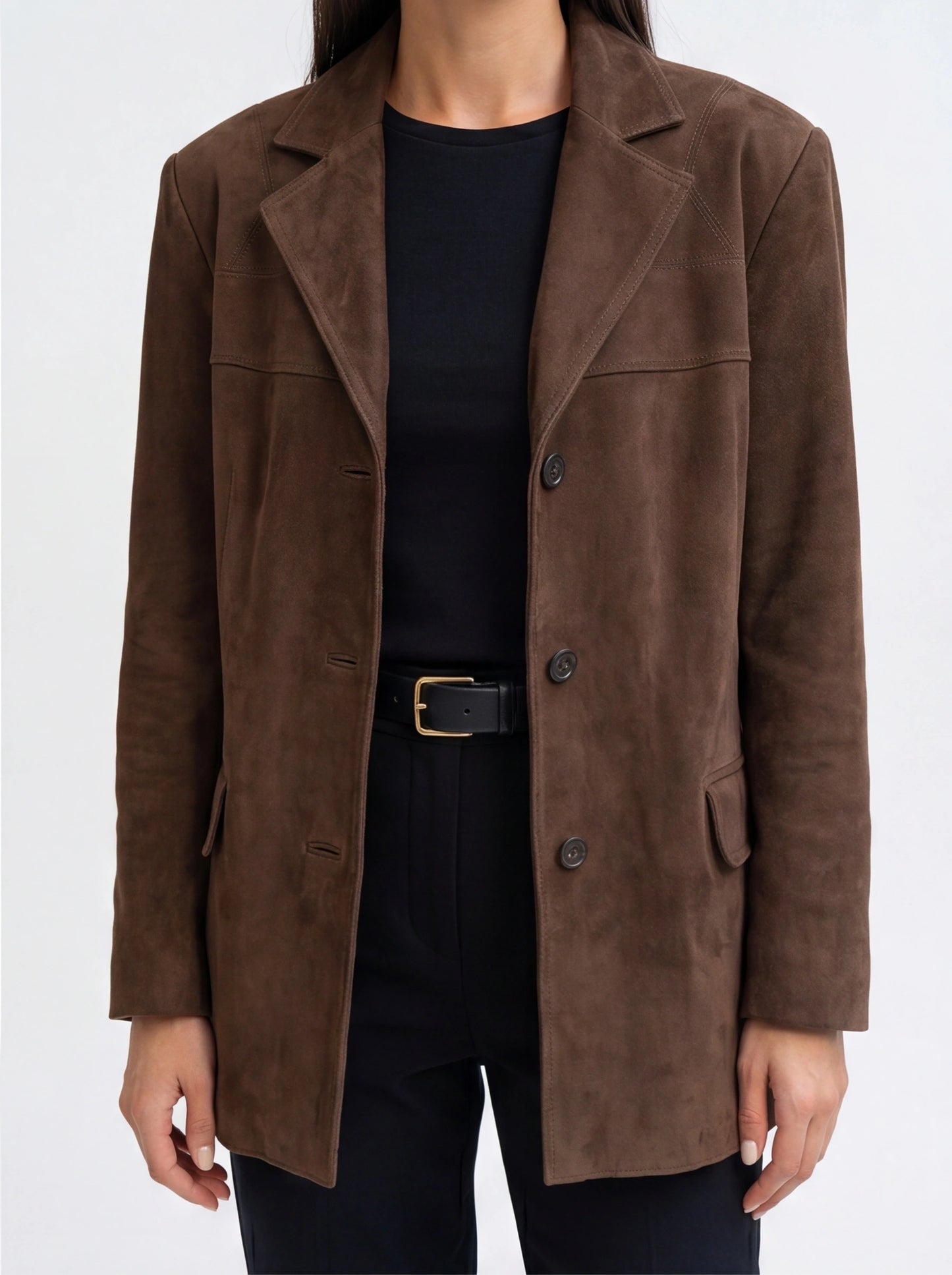 Elegant Brown Tailored Blazer with Padded Shoulders and Slim Fit