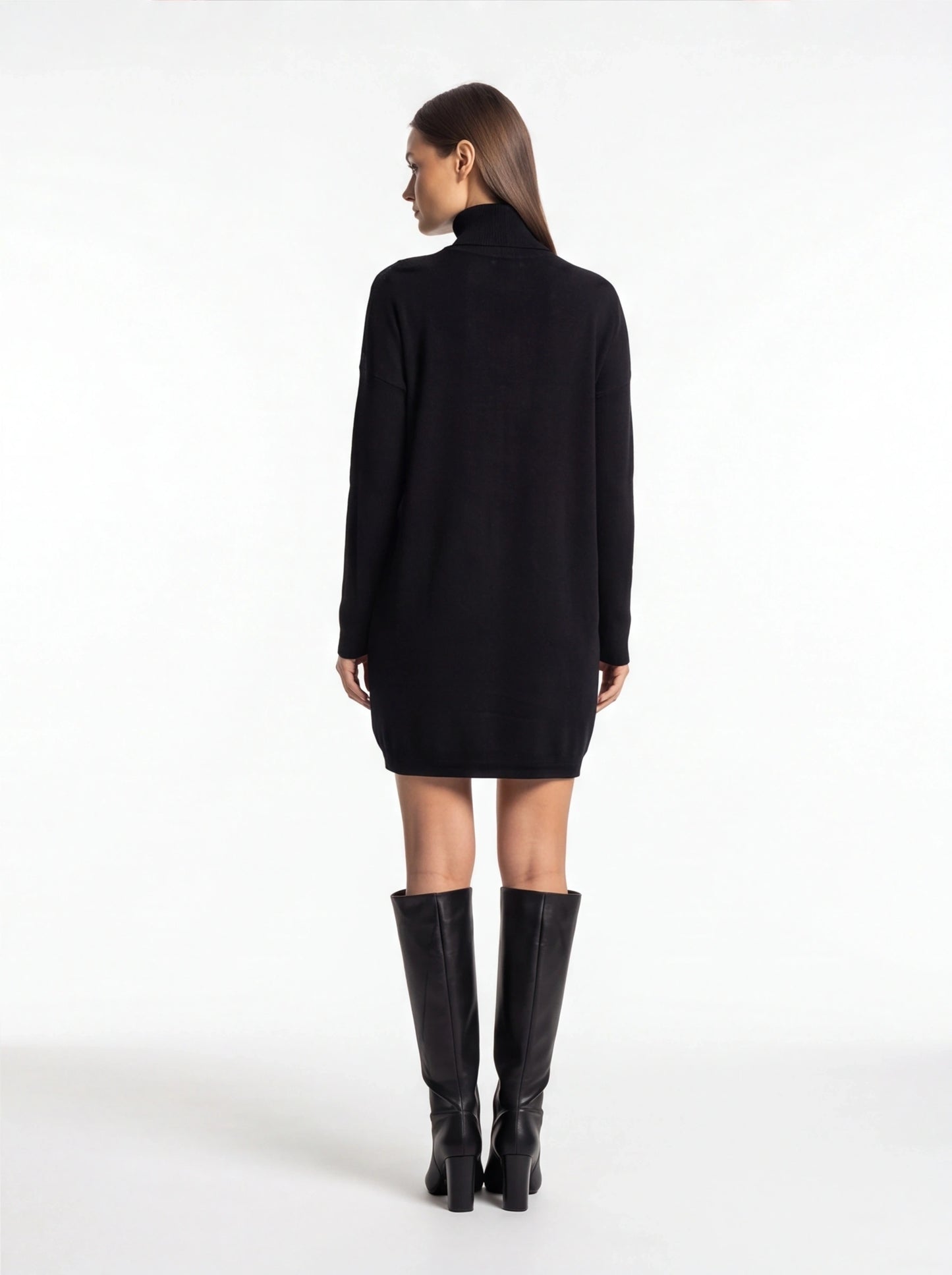 Cozy Black Turtleneck Sweater Dress with Long Sleeves and Ribbed Detail - Jamota