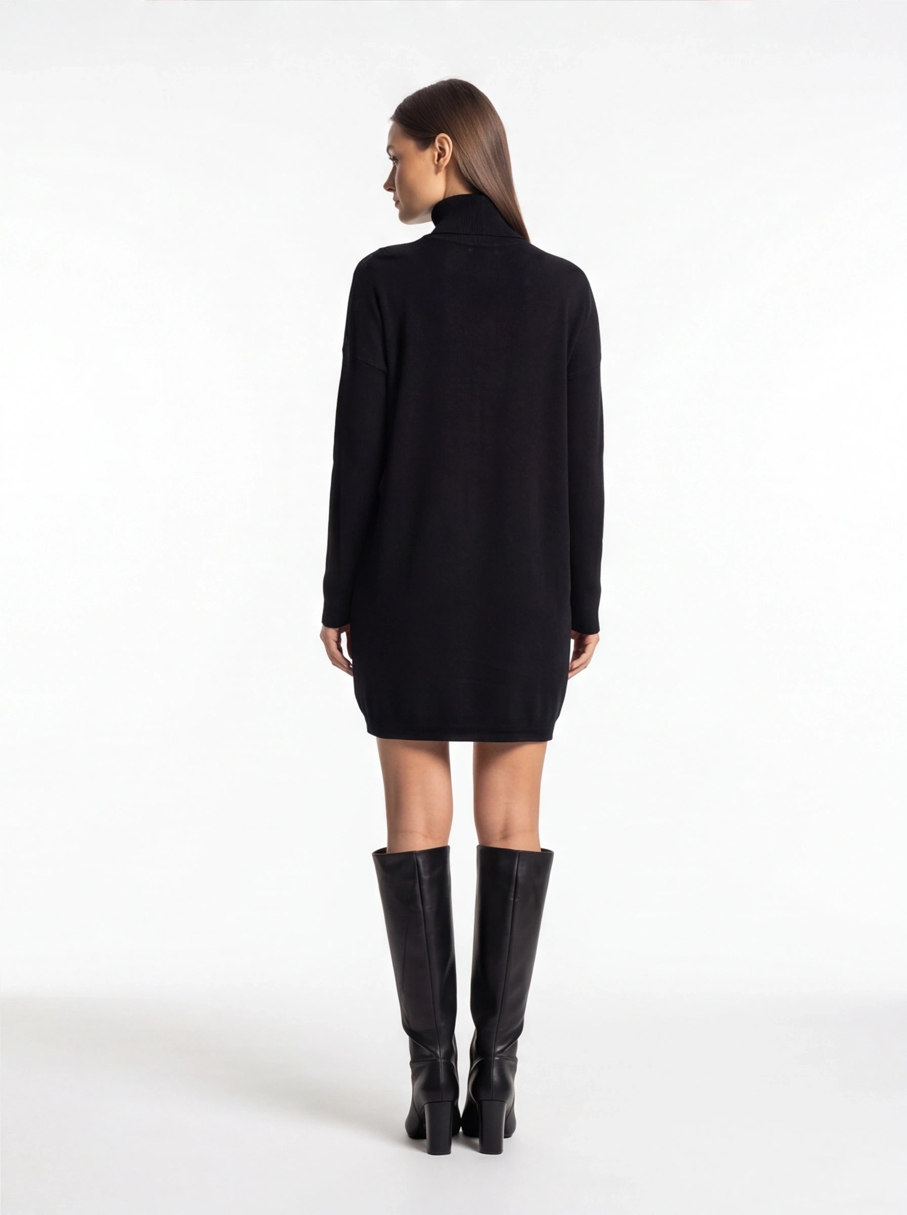 Cozy Black Turtleneck Sweater Dress with Long Sleeves and Ribbed Detail - Jamota