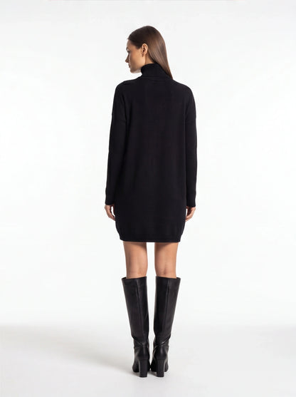 Cozy Black Turtleneck Sweater Dress with Long Sleeves and Ribbed Detail - Jamota