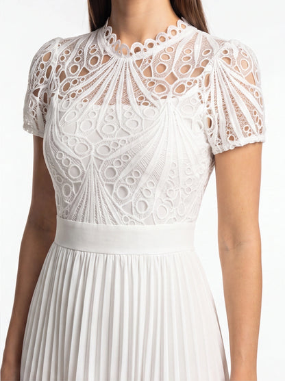 Pleated Lace Midi Dress with Puff Sleeves - Jamota