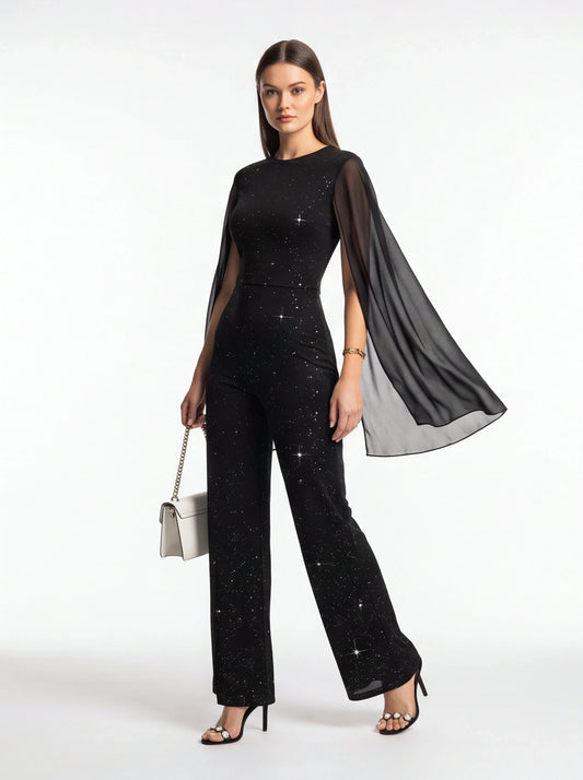 Elegant Glitter Chiffon Jumpsuit for Women | Stylish & Versatile - Jamota