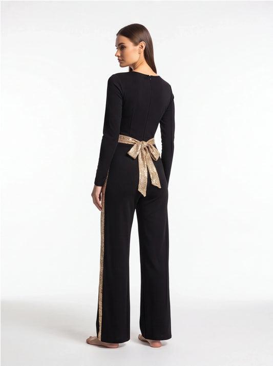 Elegant Gold Sequin Jumpsuit with Flattering Fit and Adjustable Straps - Jamota