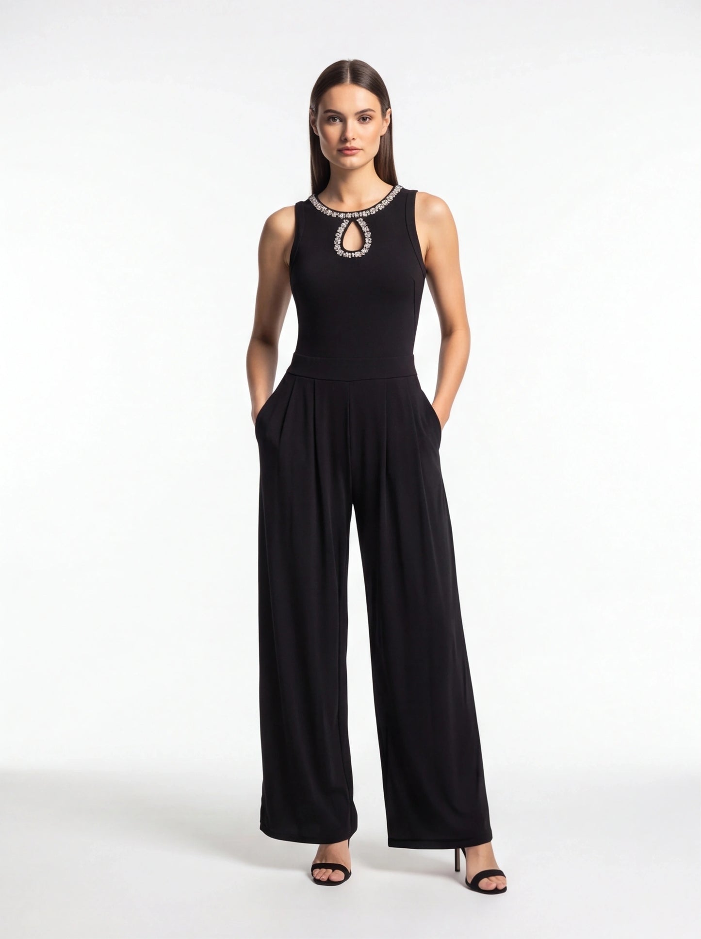Jamota black jumpsuit with pleated wide-leg silhouette, rhinestone neckline with keyhole cutout and pockets