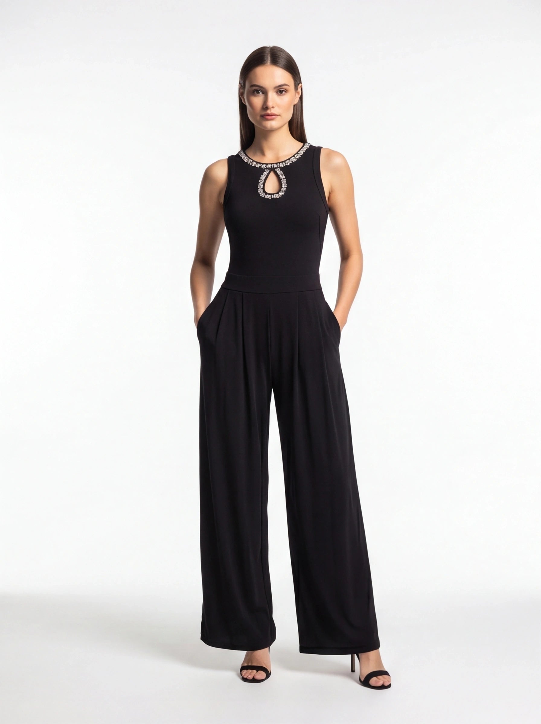 Jamota black jumpsuit with pleated wide-leg silhouette, rhinestone neckline with keyhole cutout and pockets