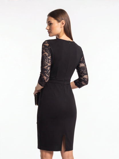Lace-Sleeve Evening Gown with Metallic Waist Detail - Jamota