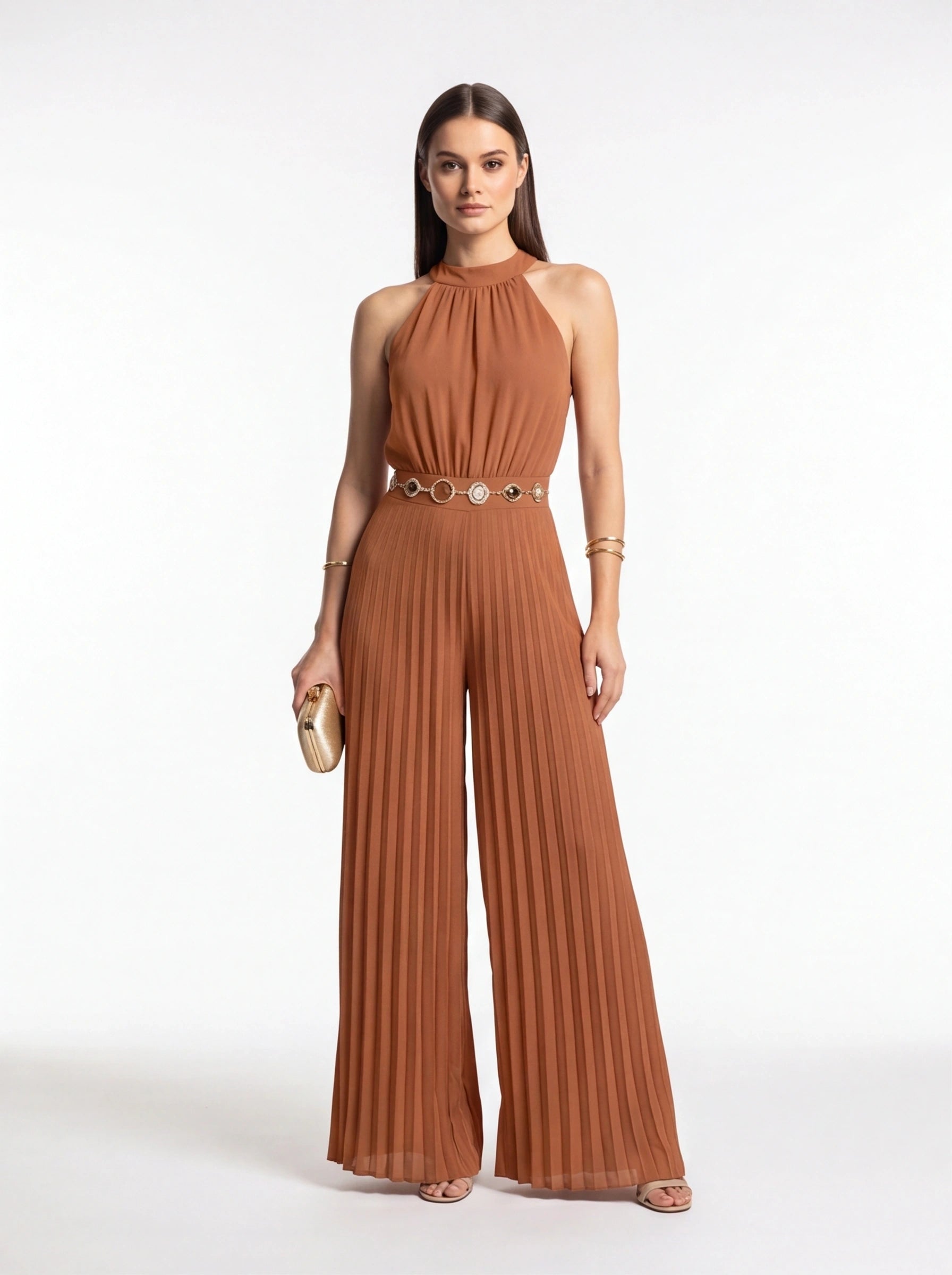 Jamota terracotta women's jumpsuit with pleated wide-leg pants, halter-neck, adjustable straps and belt