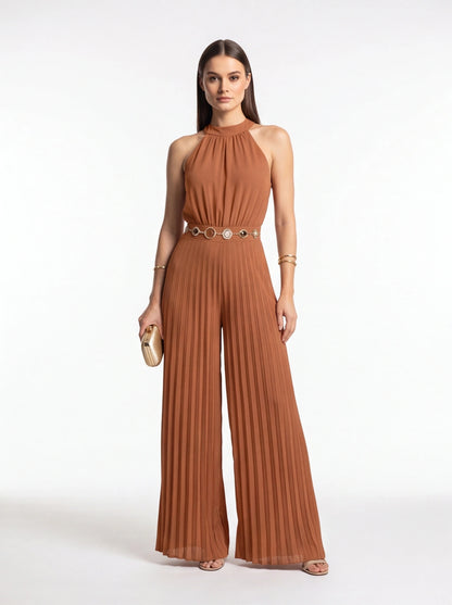 Jamota terracotta women's jumpsuit with pleated wide-leg pants, halter-neck, adjustable straps and belt
