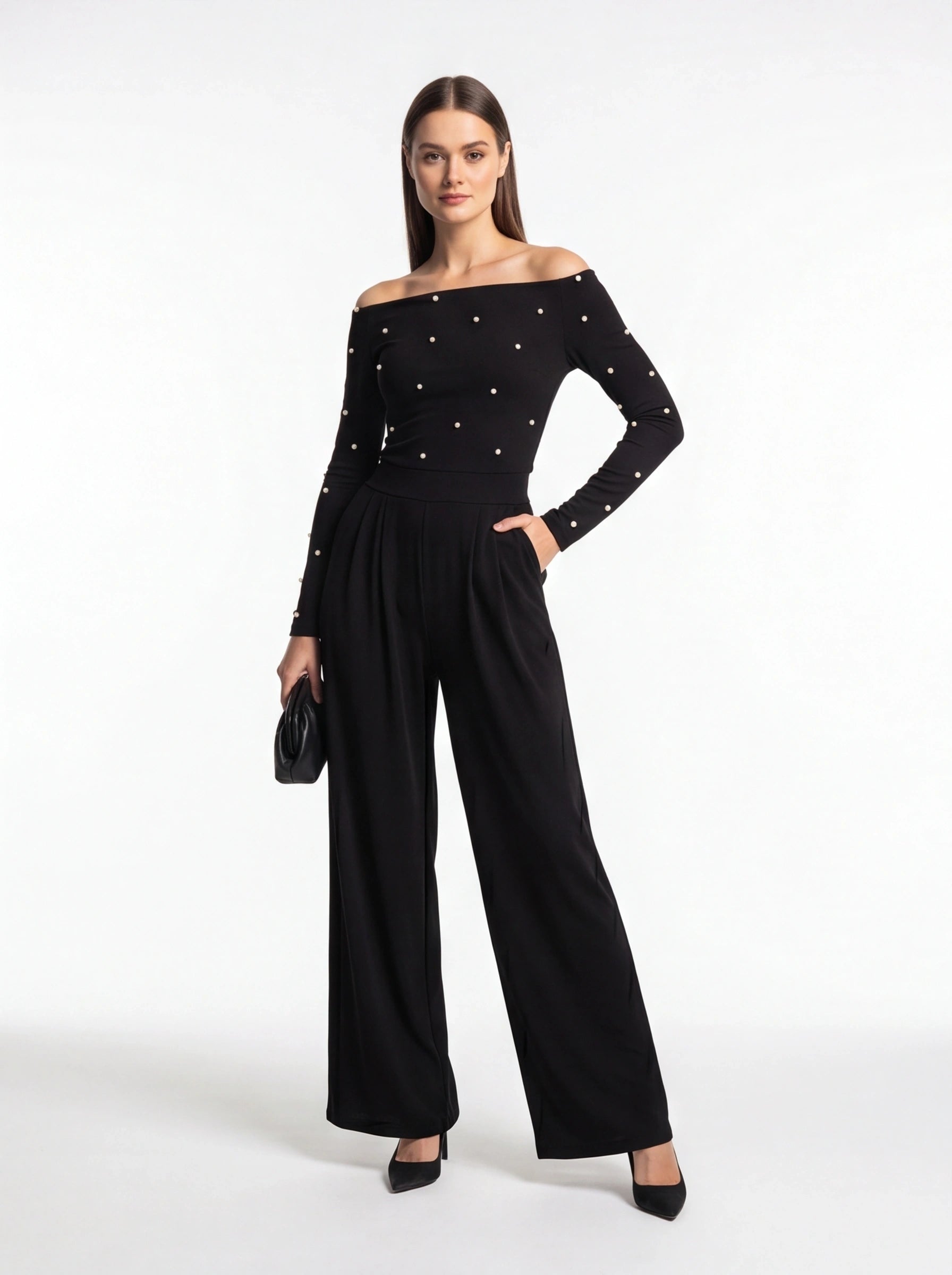 Jamota black women's jumpsuit with off-shoulder neckline and pearl embellishments, wide-leg pants