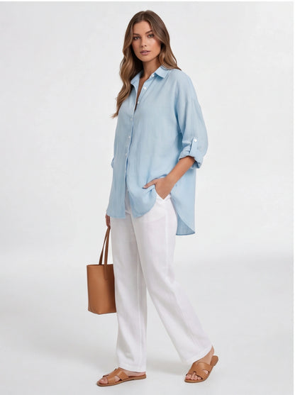 Elegant Oversized Linen Blouse with Breathable Fabric and Relaxed Fit by Jamota Shirts Casual Shirts
