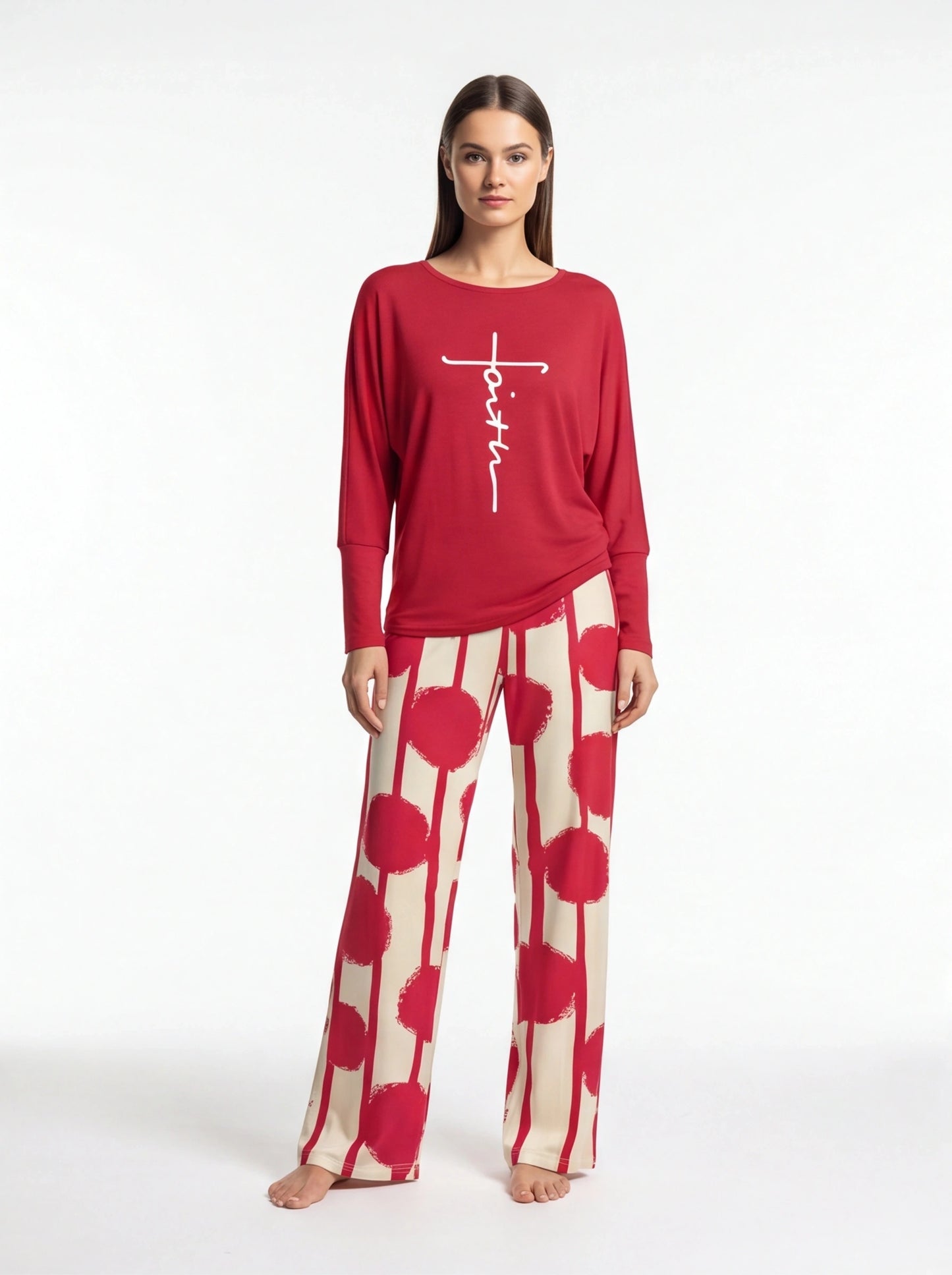 Multicolor Batwing Sleeve Lounge Set With Striped Pants - Jamota