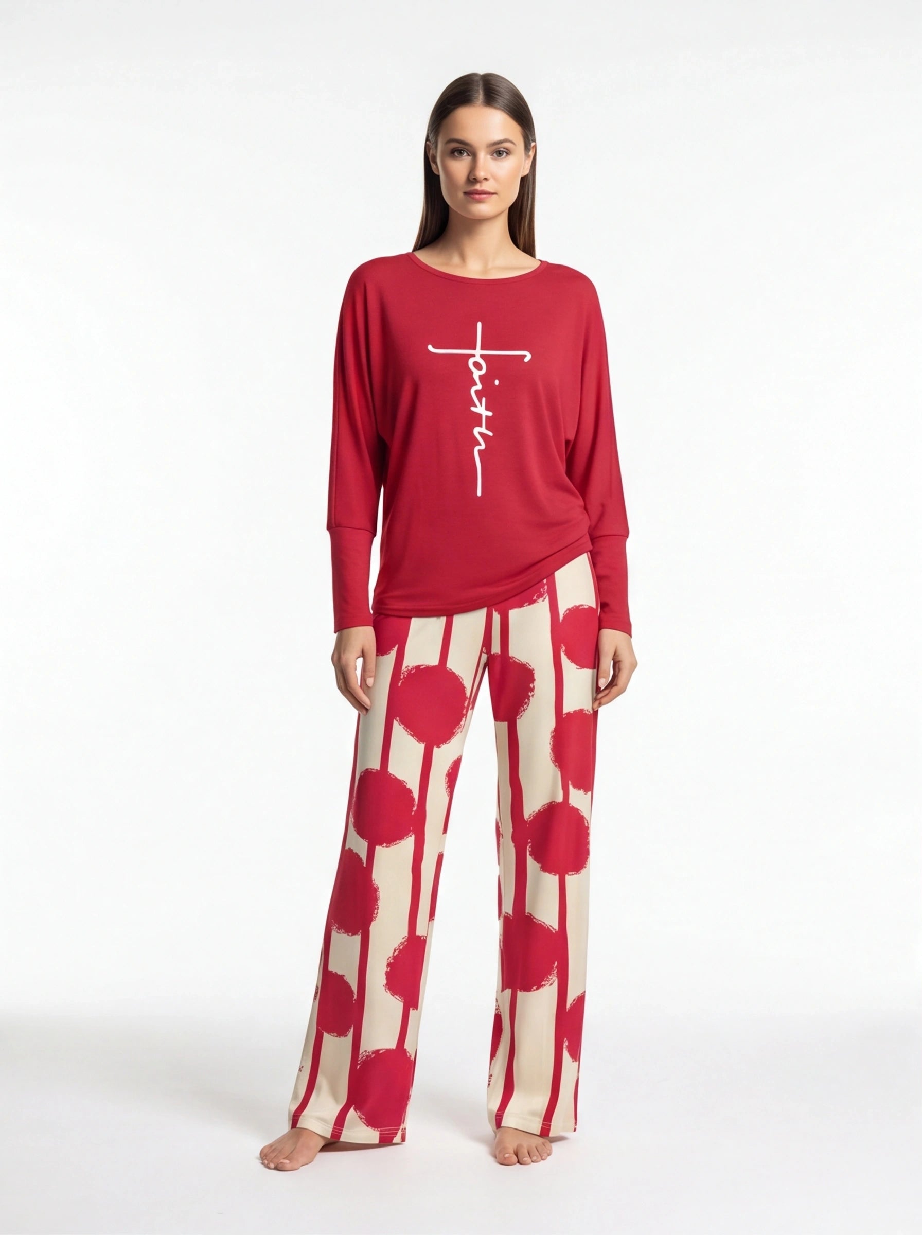 Multicolor Batwing Sleeve Lounge Set With Striped Pants - Jamota