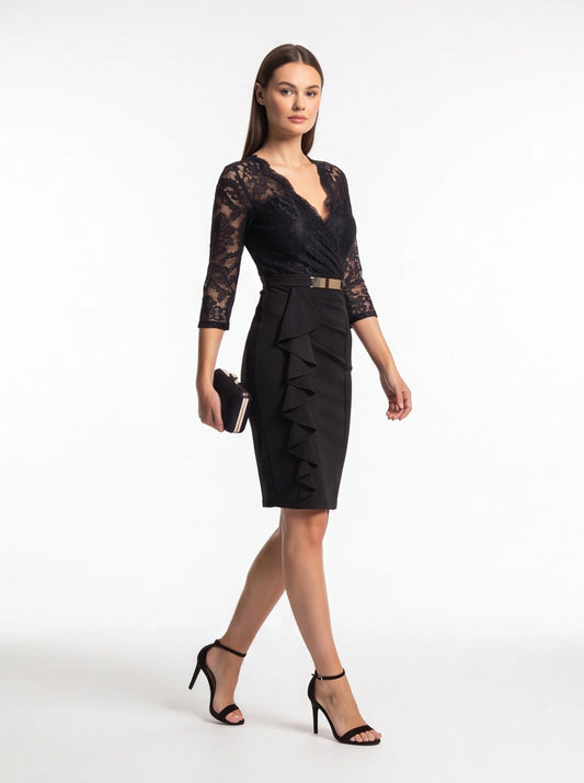 Lace-Sleeve Evening Gown with Metallic Waist Detail - Jamota