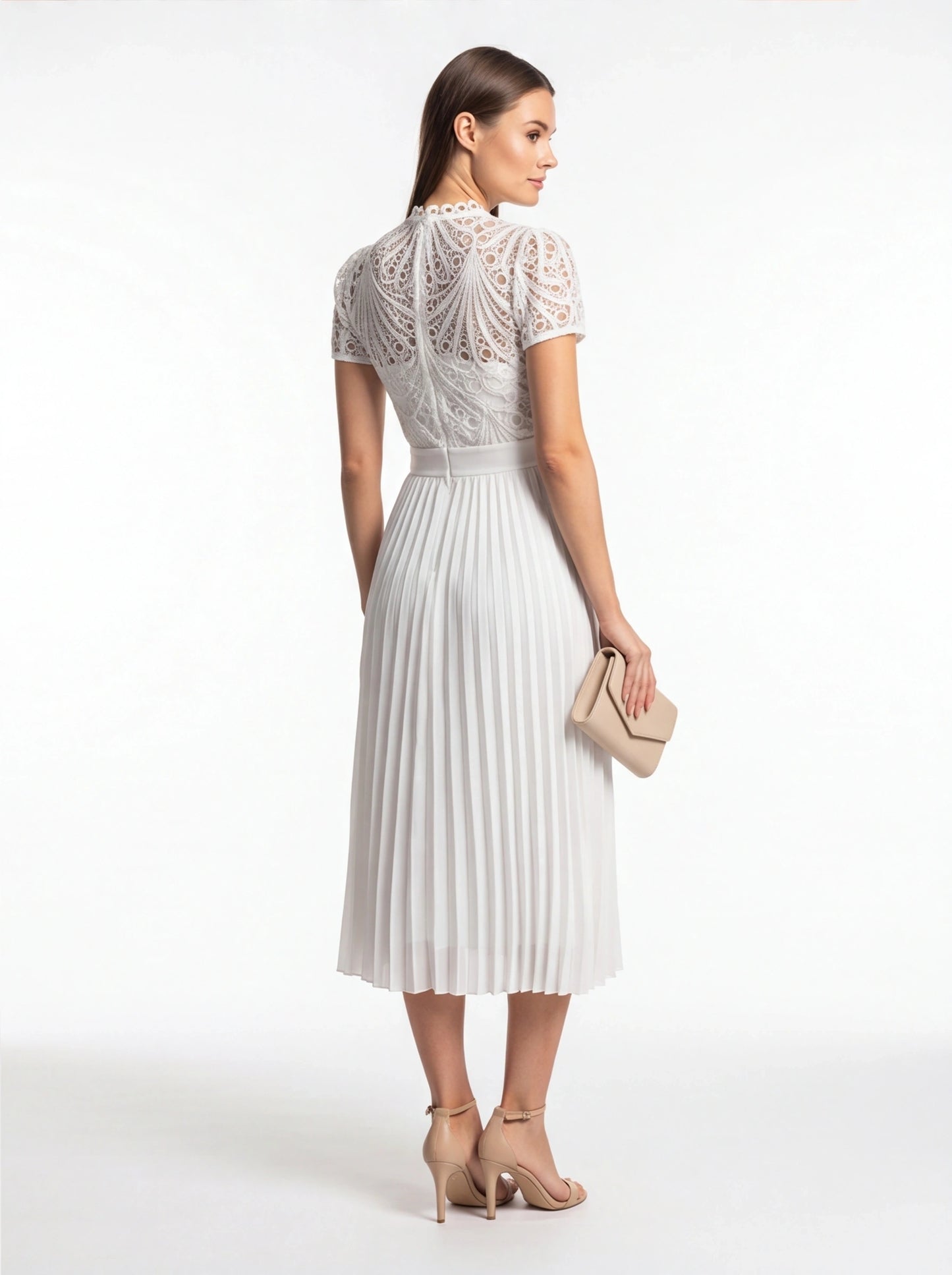 Pleated Lace Midi Dress with Puff Sleeves - Jamota
