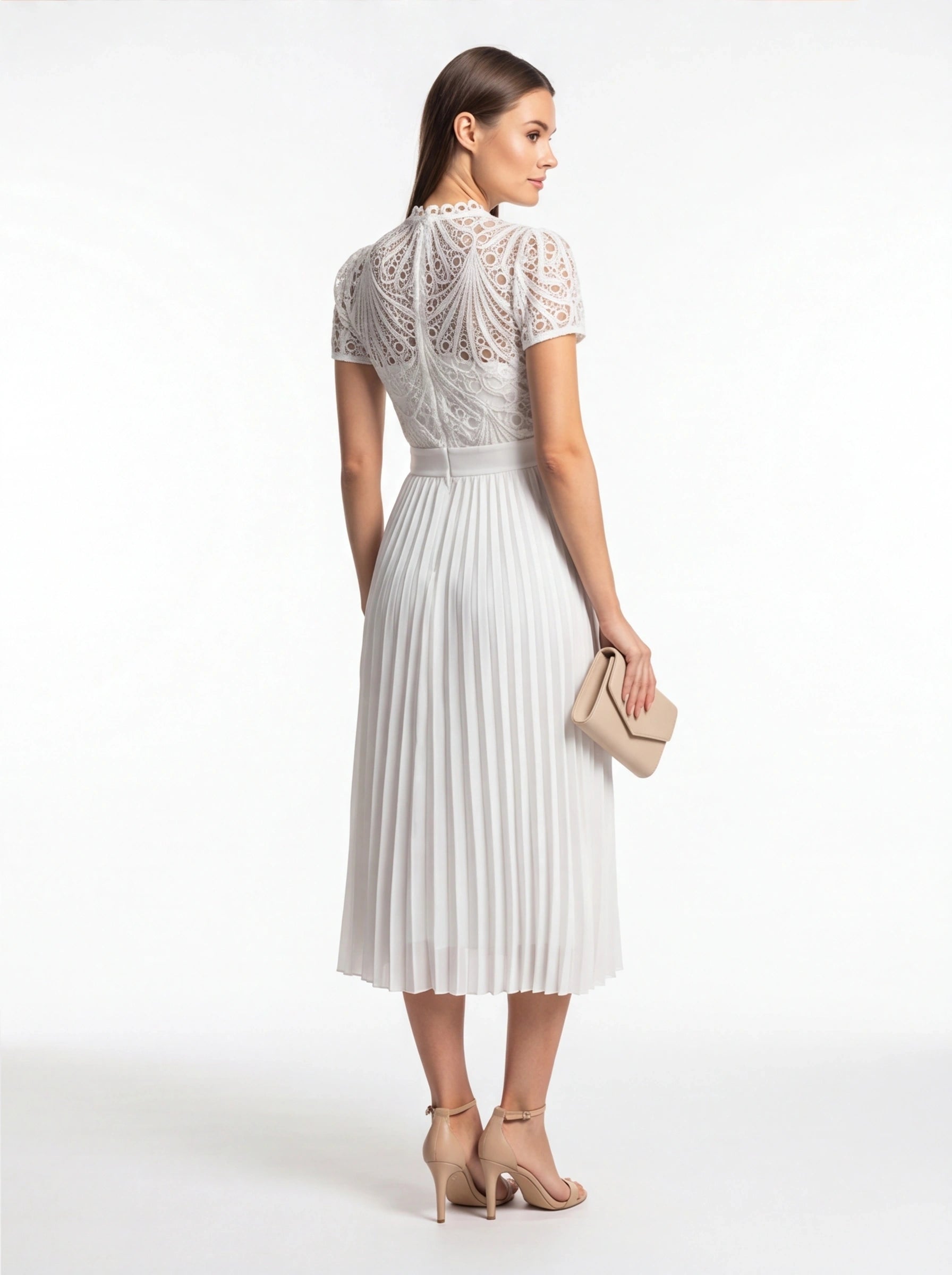 Pleated Lace Midi Dress with Puff Sleeves - Jamota