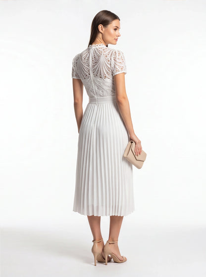 Pleated Lace Midi Dress with Puff Sleeves - Jamota
