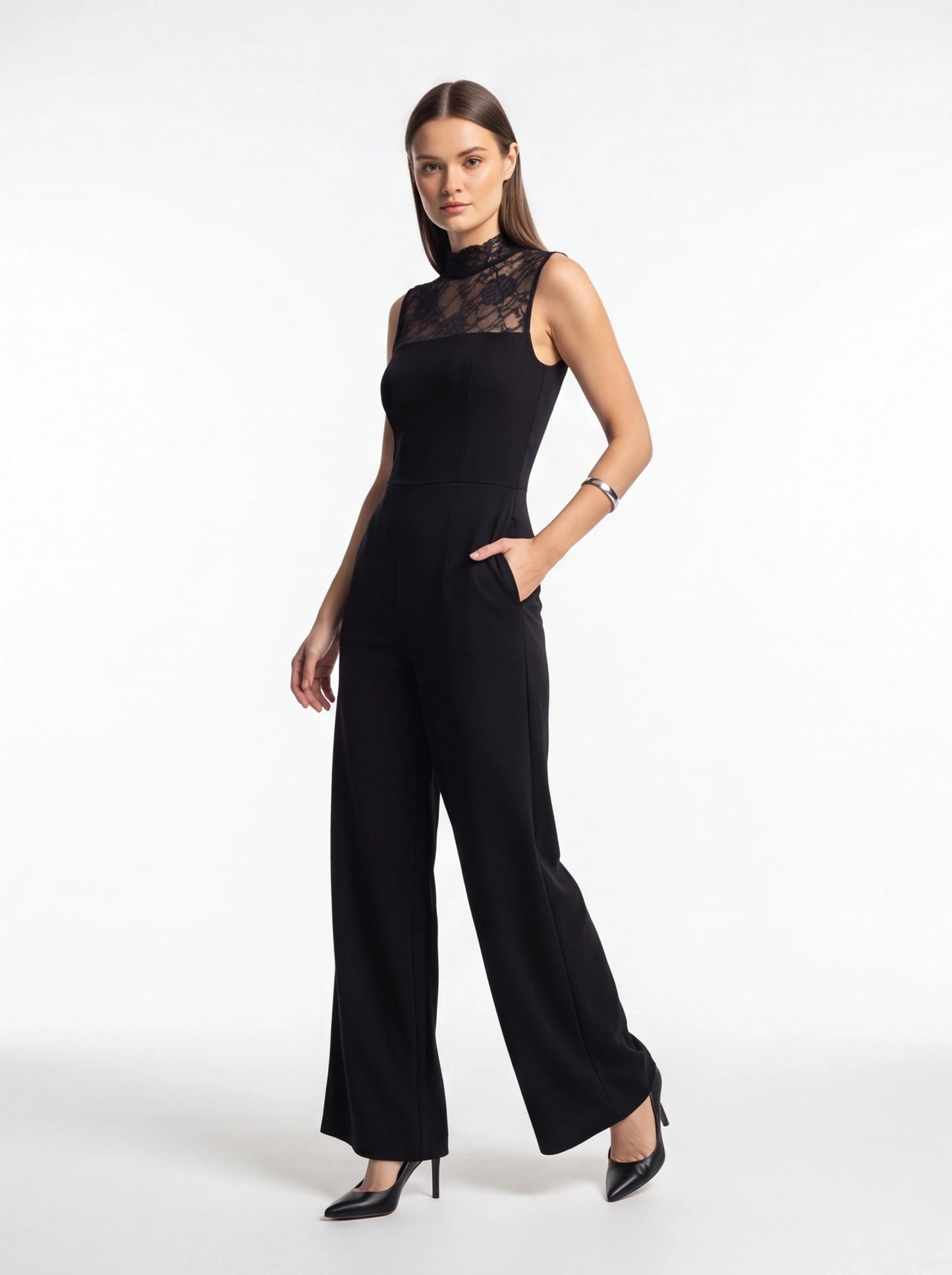 Jamota black sleeveless lace jumpsuit with high-neck lace yoke and pockets, wide-leg pants