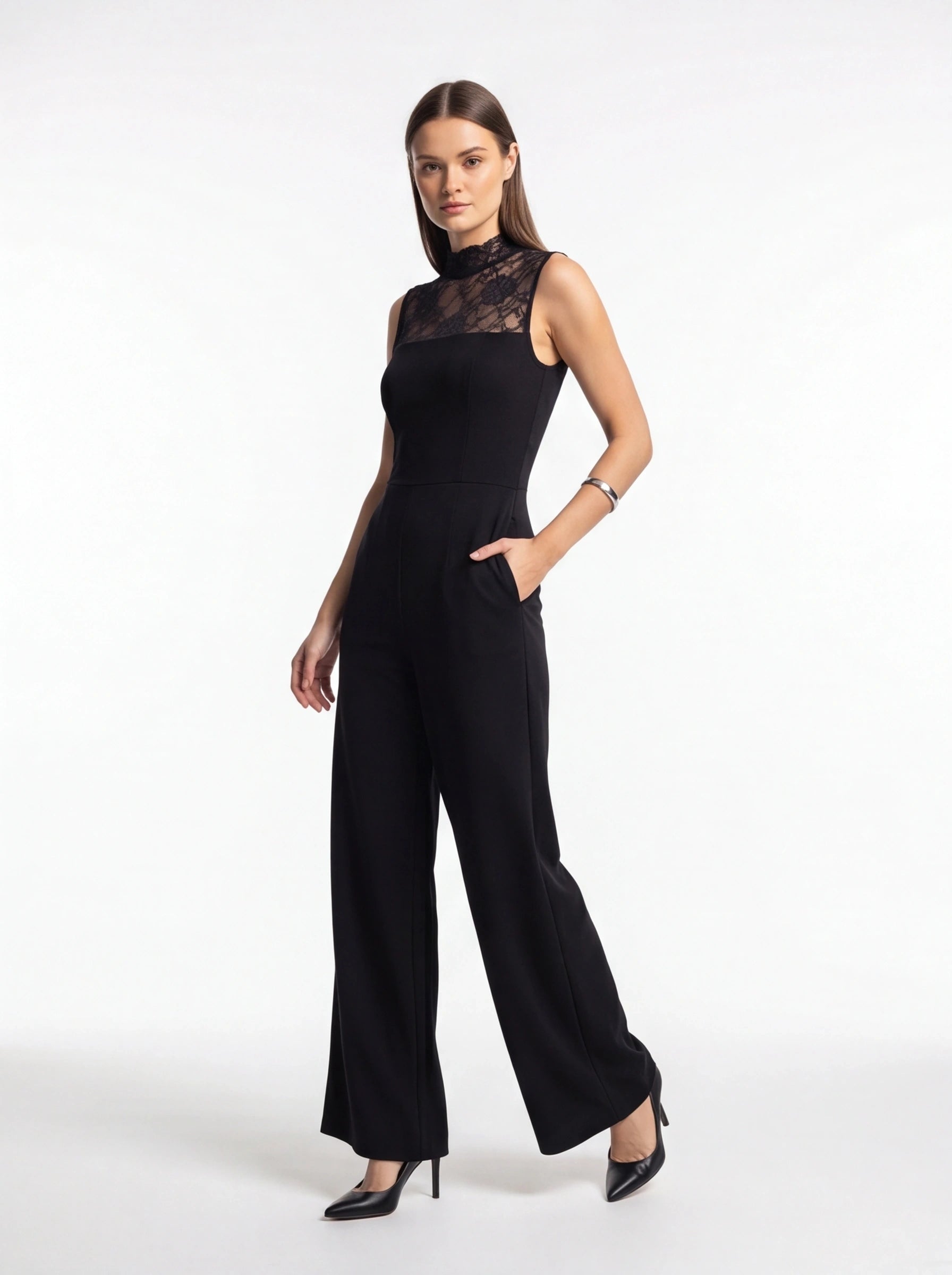Jamota black sleeveless lace jumpsuit with high-neck lace yoke and pockets, wide-leg pants