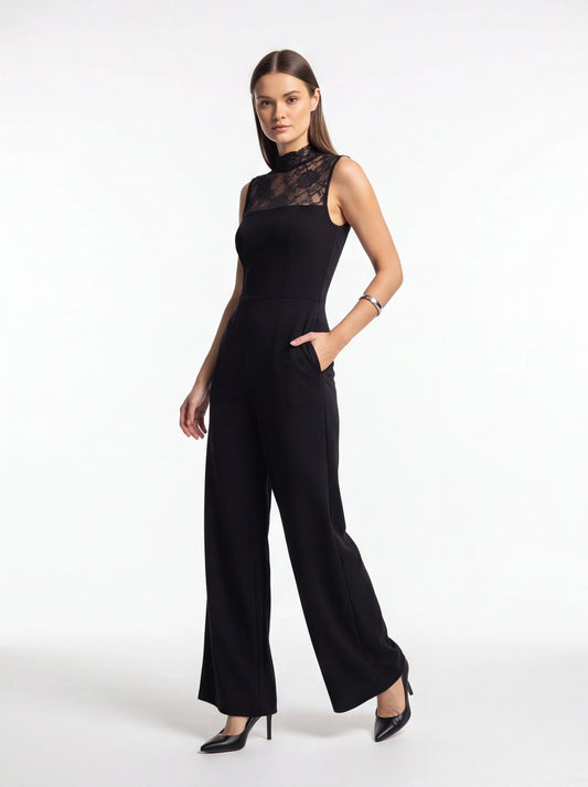 Elegant Sleeveless Lace Jumpsuit with Pockets & Adjustable Straps - Jamota